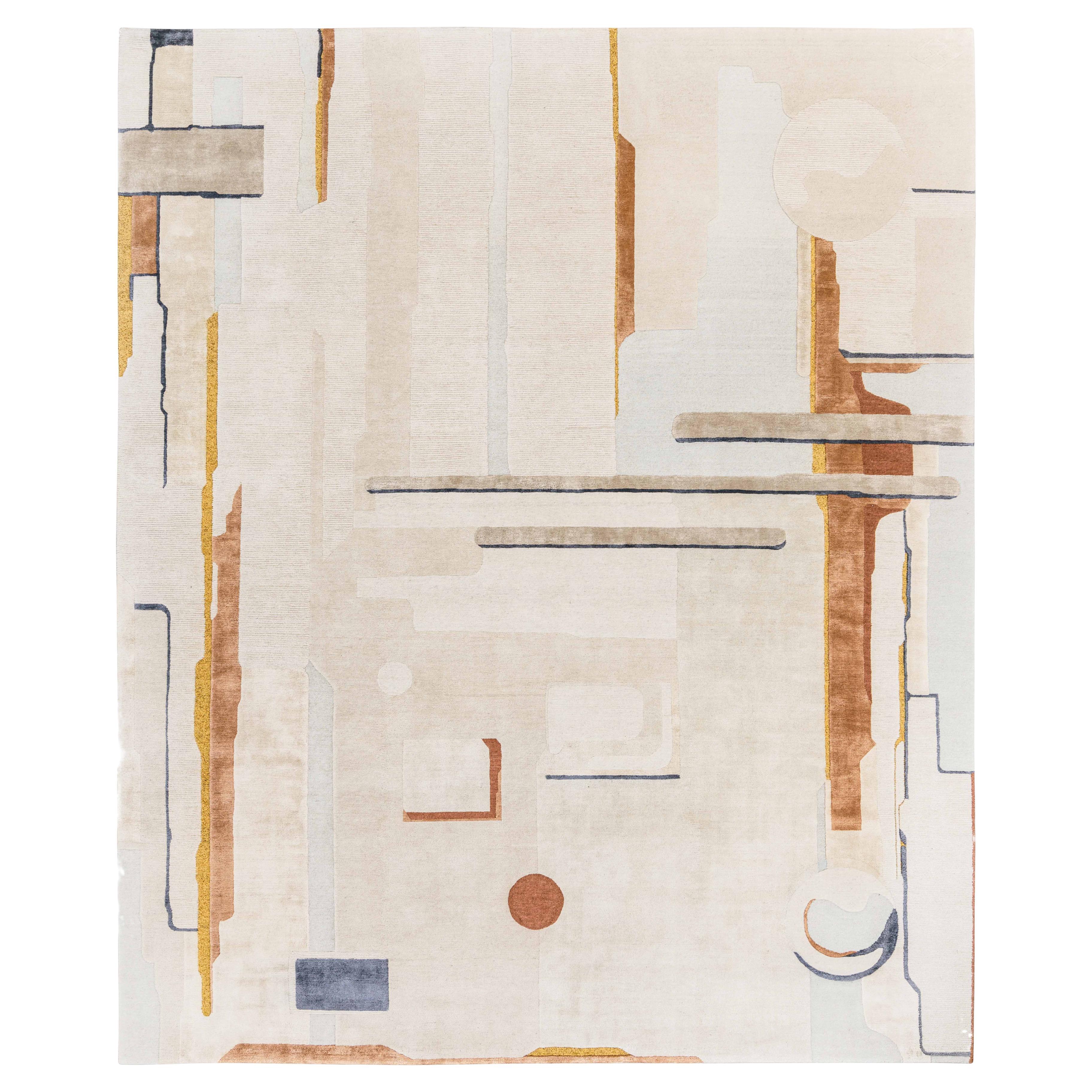 Composition V, Beige Patterned Hand Knotted Wool Silk Rug, in Stock For Sale