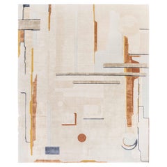 Composition V, Beige Patterned Hand Knotted Wool Silk Rug, in Stock