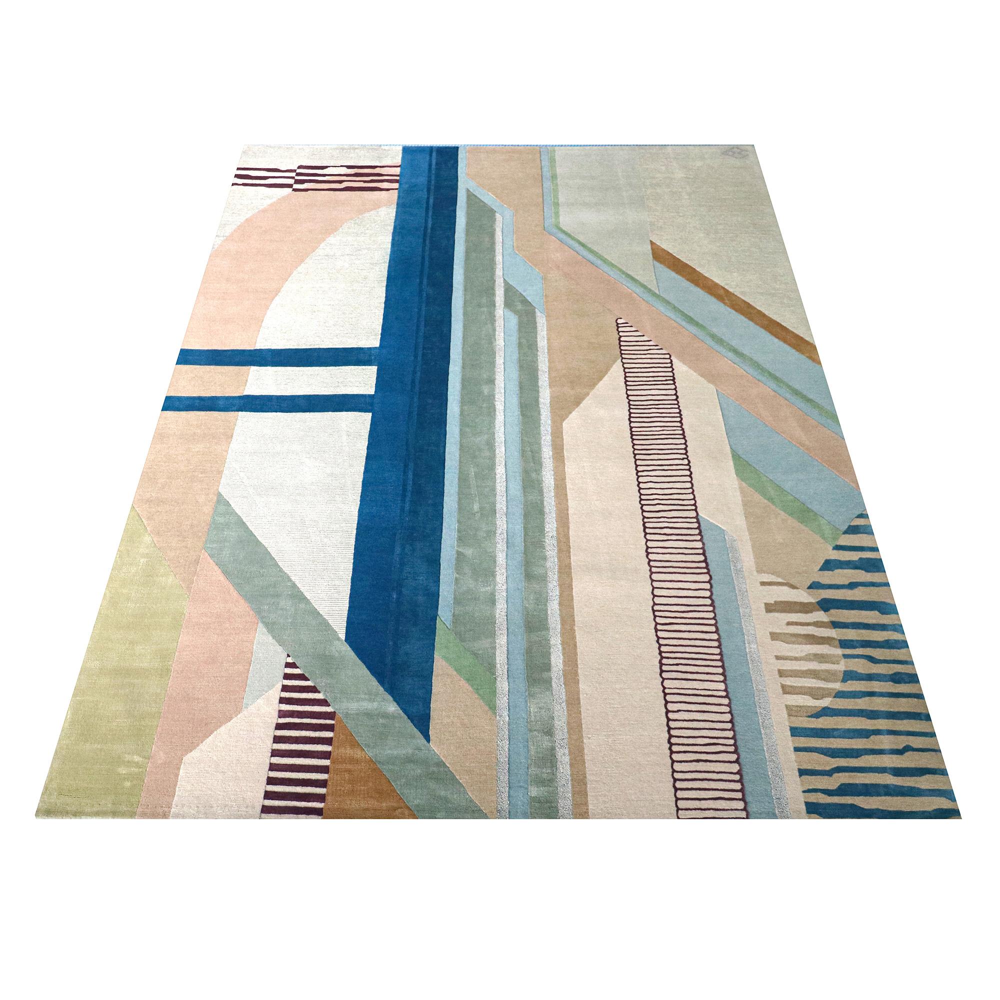 Hand-Knotted Tapis Rouge rug Blue Pink Beige Hand Knotted Wool Silk - Composition VIII  For Sale