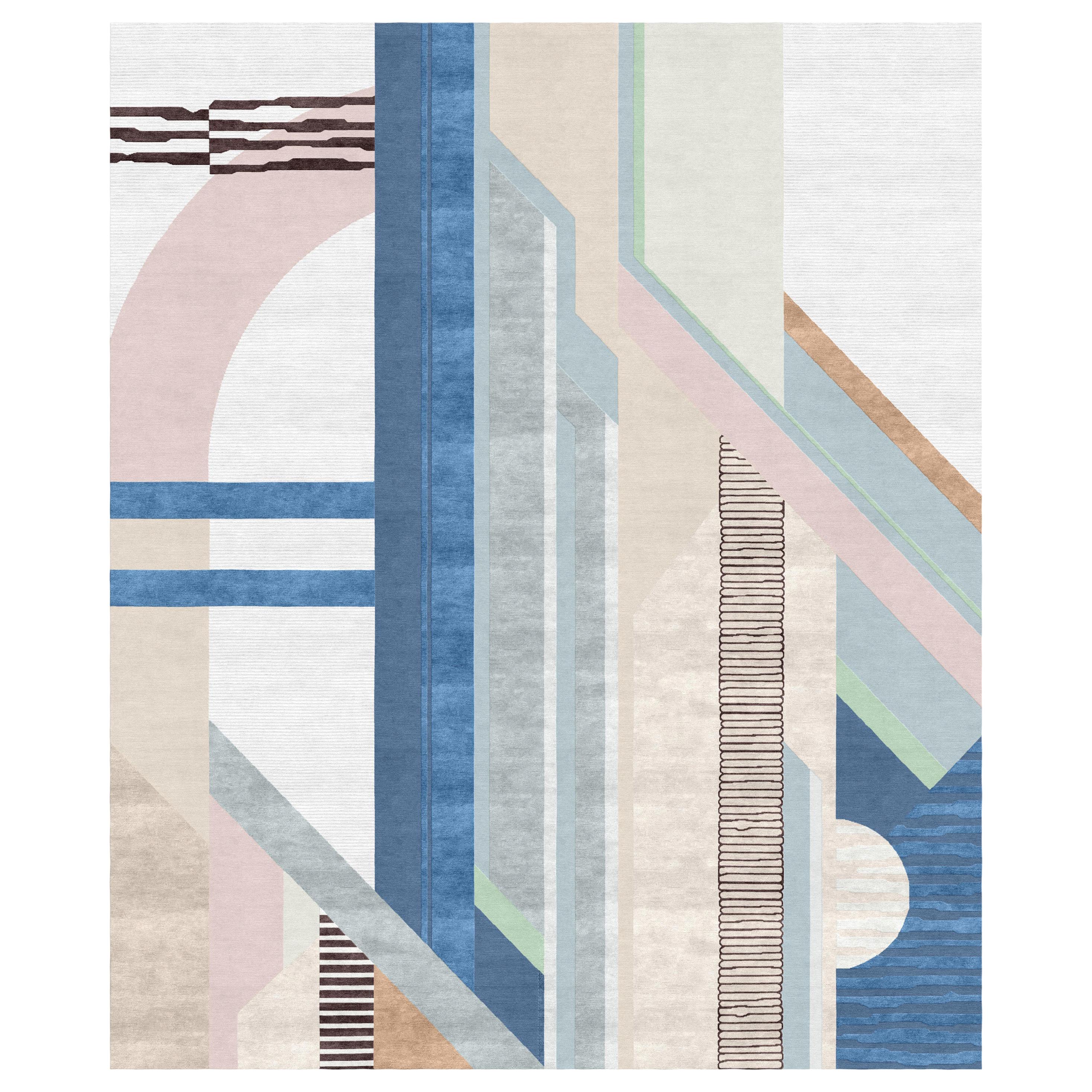 Composition XI.II Green Pink Blue Hand Knotted Wool Silk Rug For Sale