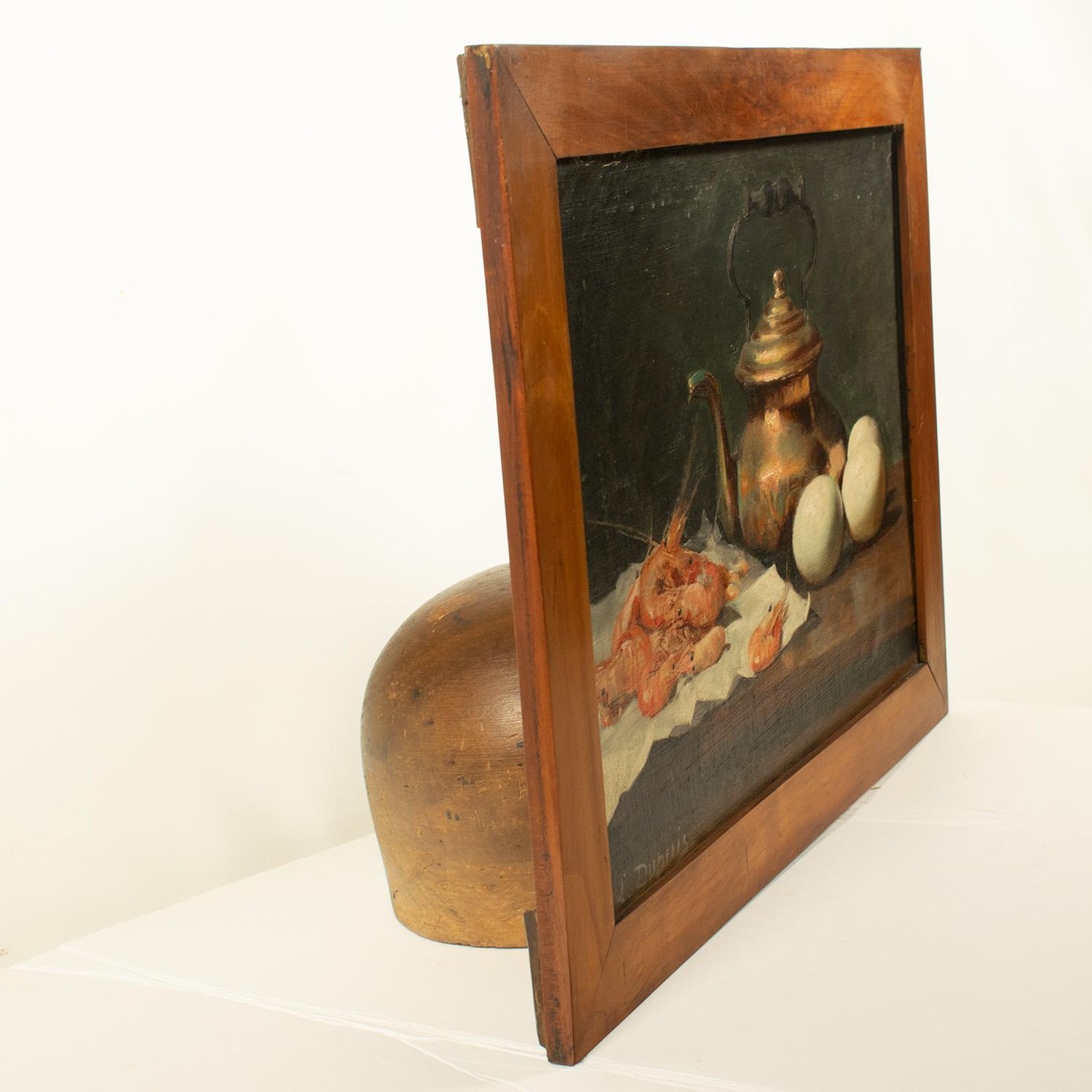 Exquisite „COMPOSITION WITH SHRIMPS & EGGS“ - L Dupuis, Öl auf Tafel, 19. Jahrhundert im Angebot 5
