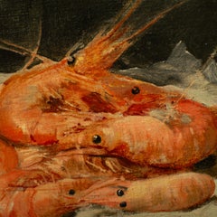 Exquise "COMPOSITION AVEC DES CREVETTES ET DES ŒUFS" - L Dupuis, huile sur panneau 19 siècle