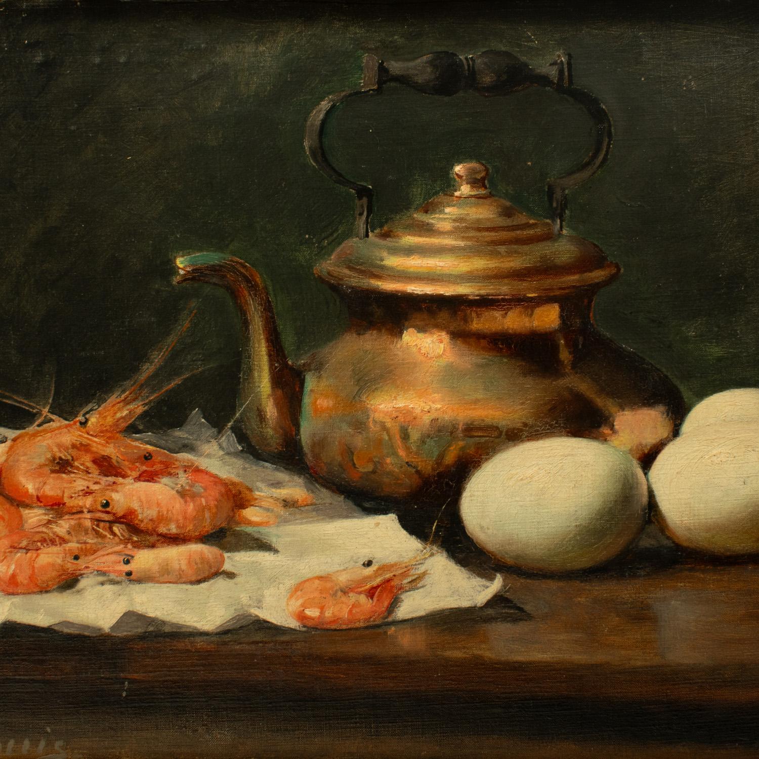 Exquisite „COMPOSITION WITH SHRIMPS & EGGS“ - L Dupuis, Öl auf Tafel, 19. Jahrhundert (Französisch) im Angebot