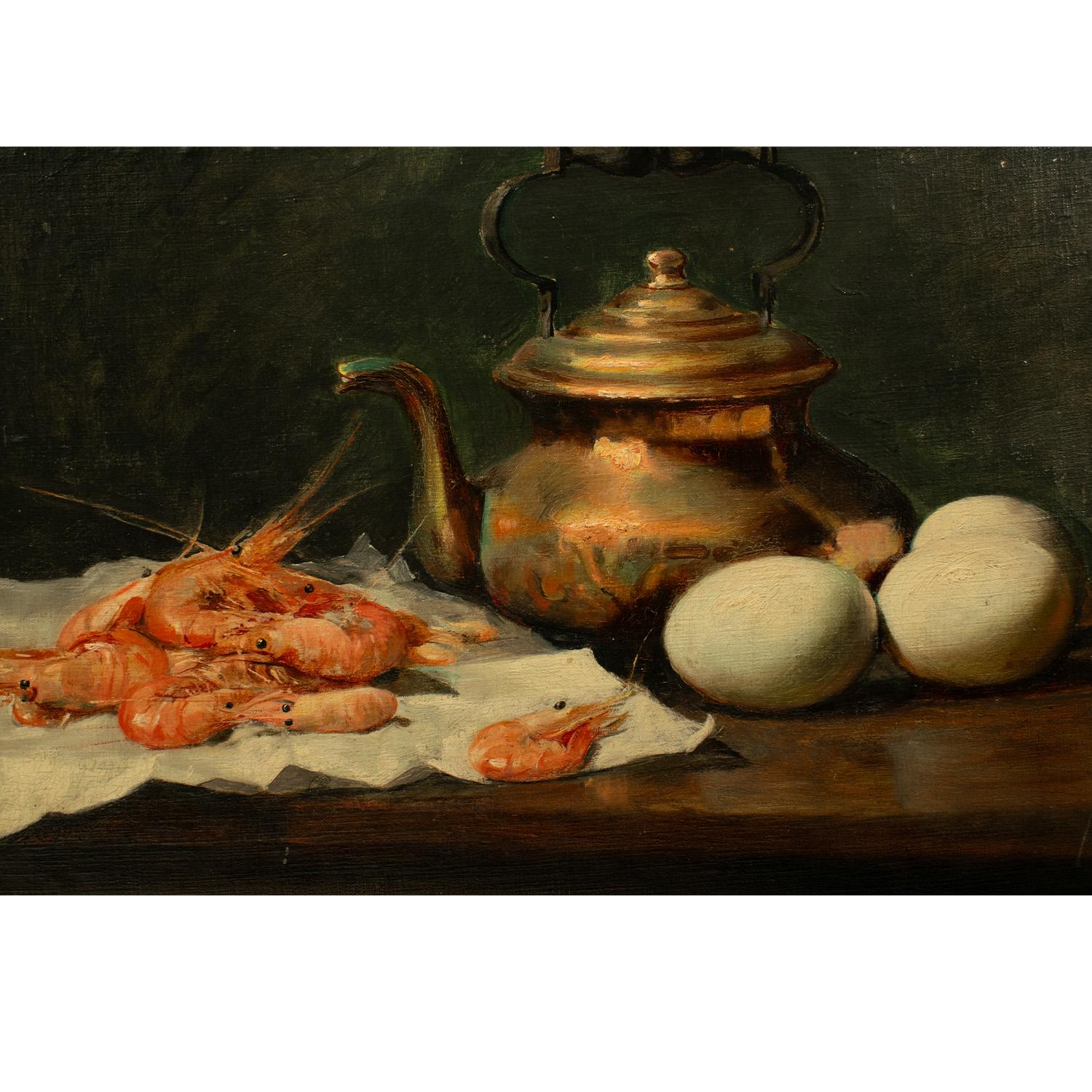 Exquisite „COMPOSITION WITH SHRIMPS & EGGS“ - L Dupuis, Öl auf Tafel, 19. Jahrhundert im Zustand „Gut“ im Angebot in TEYJAT, FR