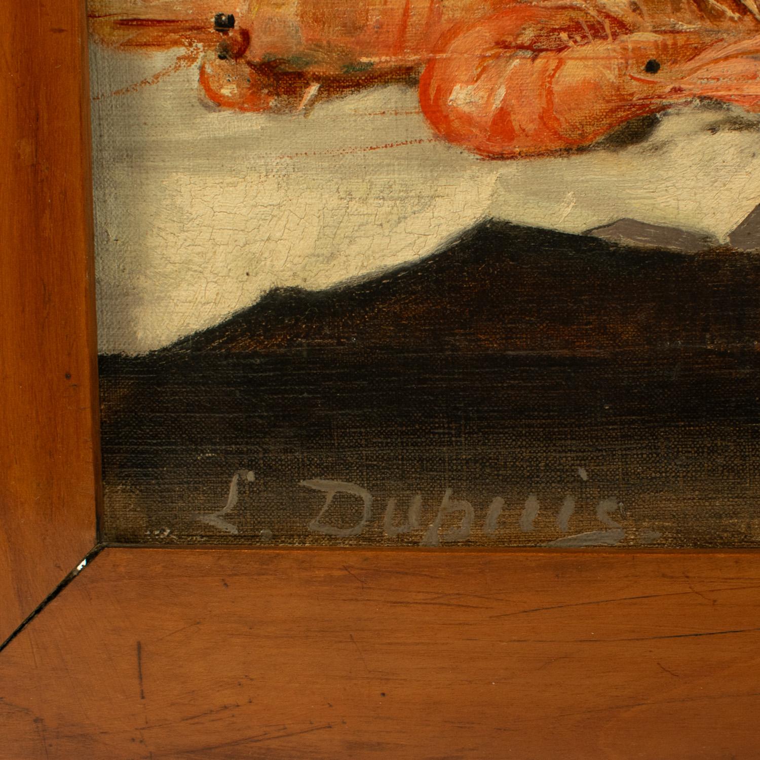 Exquisite „COMPOSITION WITH SHRIMPS & EGGS“ - L Dupuis, Öl auf Tafel, 19. Jahrhundert (Leinwand) im Angebot