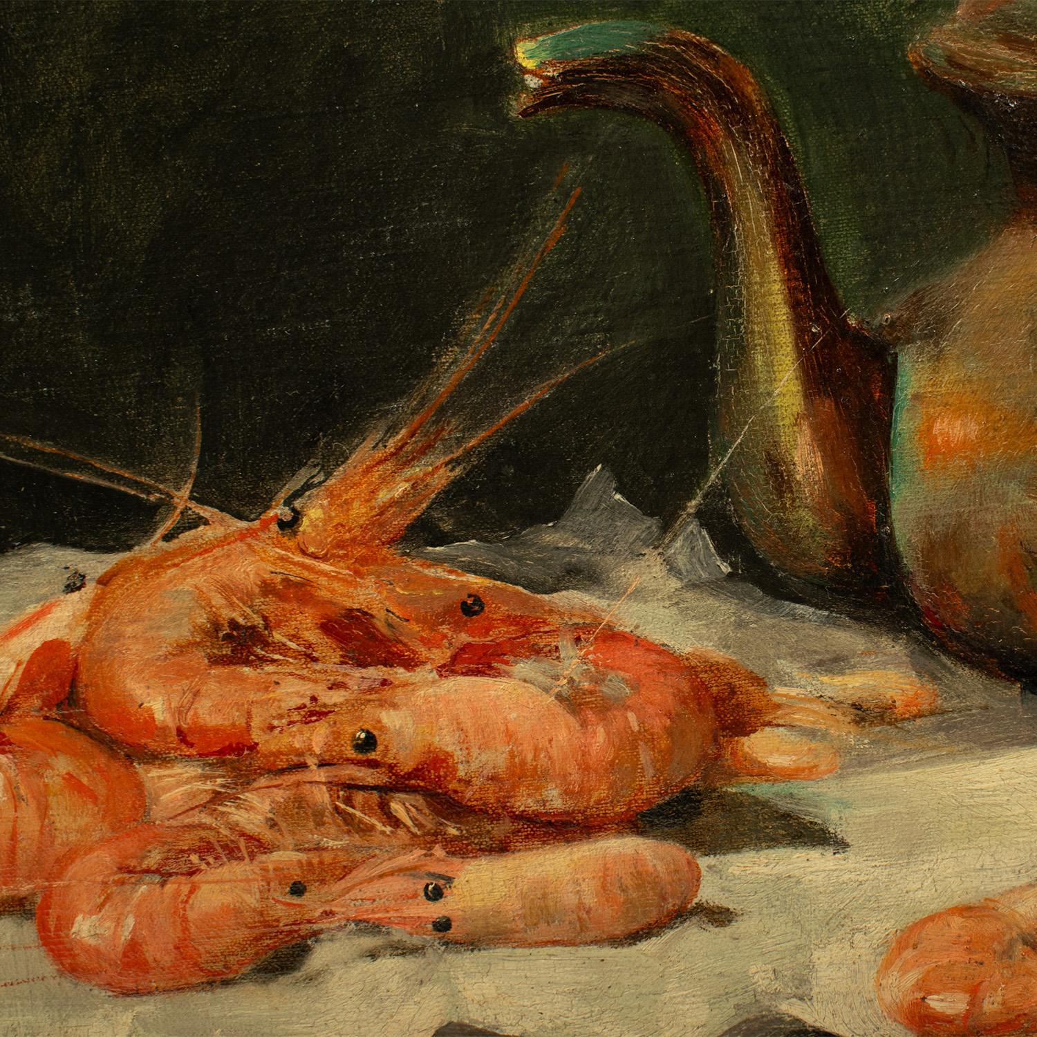Exquisite „COMPOSITION WITH SHRIMPS & EGGS“ - L Dupuis, Öl auf Tafel, 19. Jahrhundert im Angebot 4
