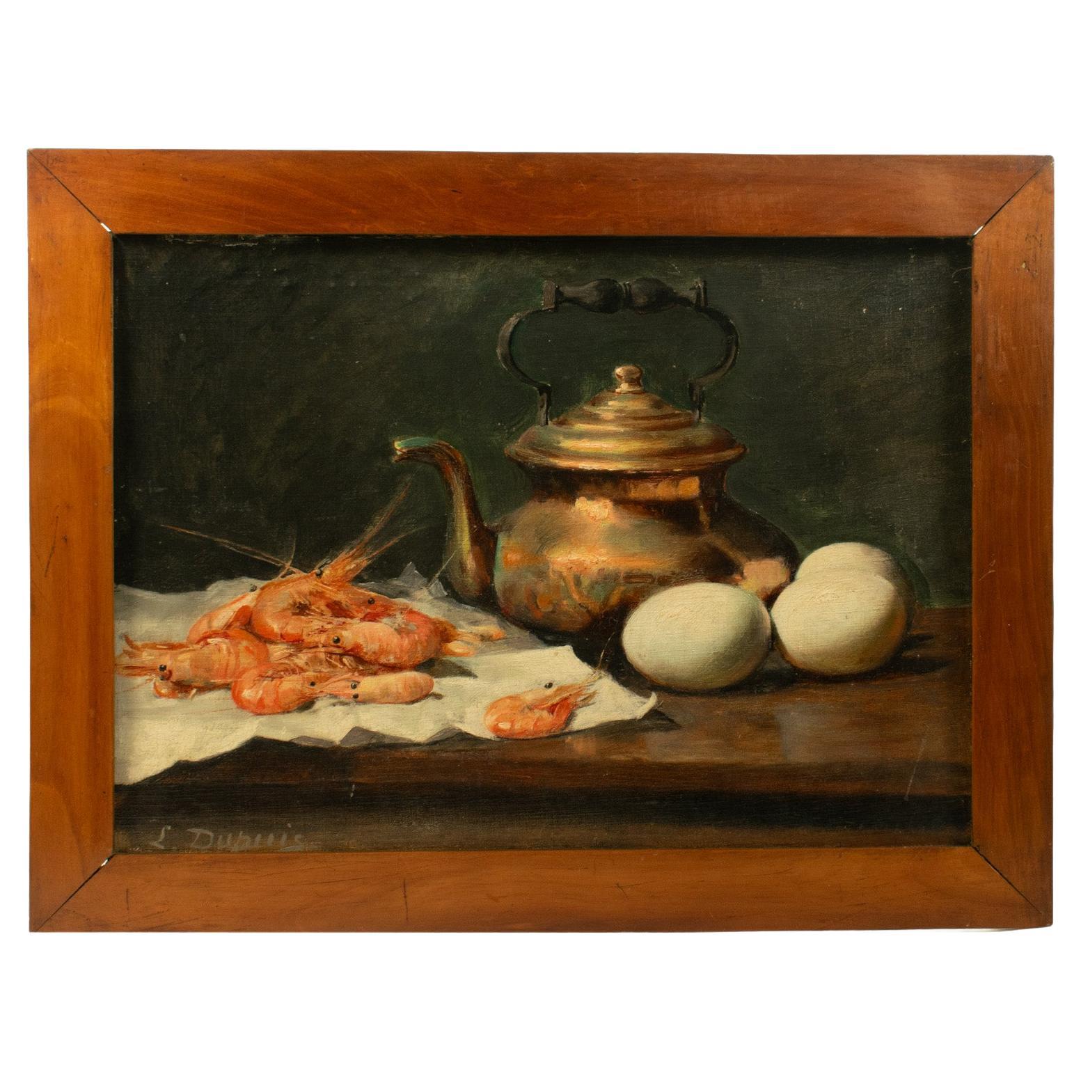 Exquisite „COMPOSITION WITH SHRIMPS & EGGS“ - L Dupuis, Öl auf Tafel, 19. Jahrhundert im Angebot