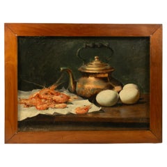Exquise "COMPOSITION AVEC DES CREVETTES ET DES ŒUFS" - L Dupuis, huile sur panneau 19 siècle