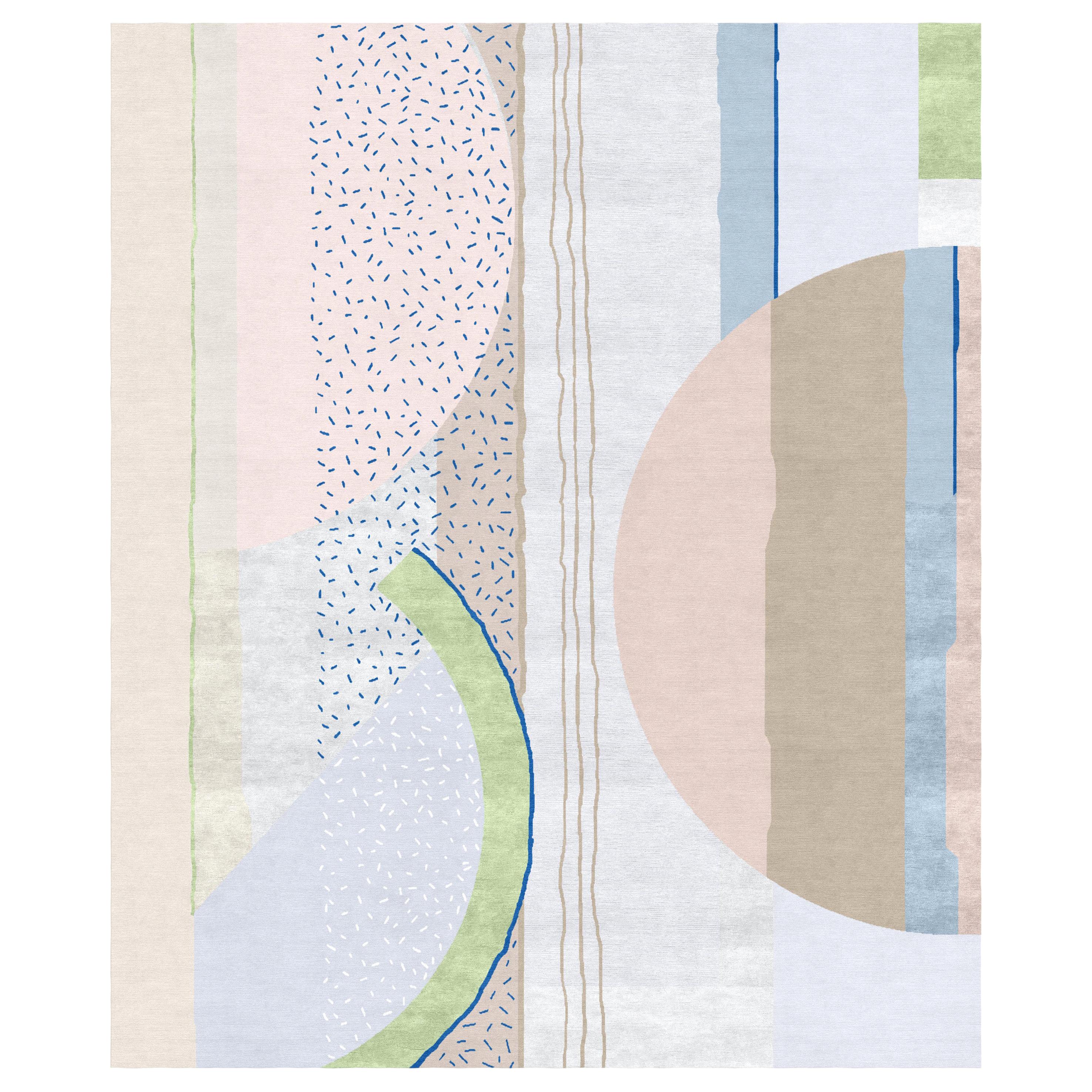 Composition XI.II - Green Pink Blue Hand Knotted Wool Silk Rug