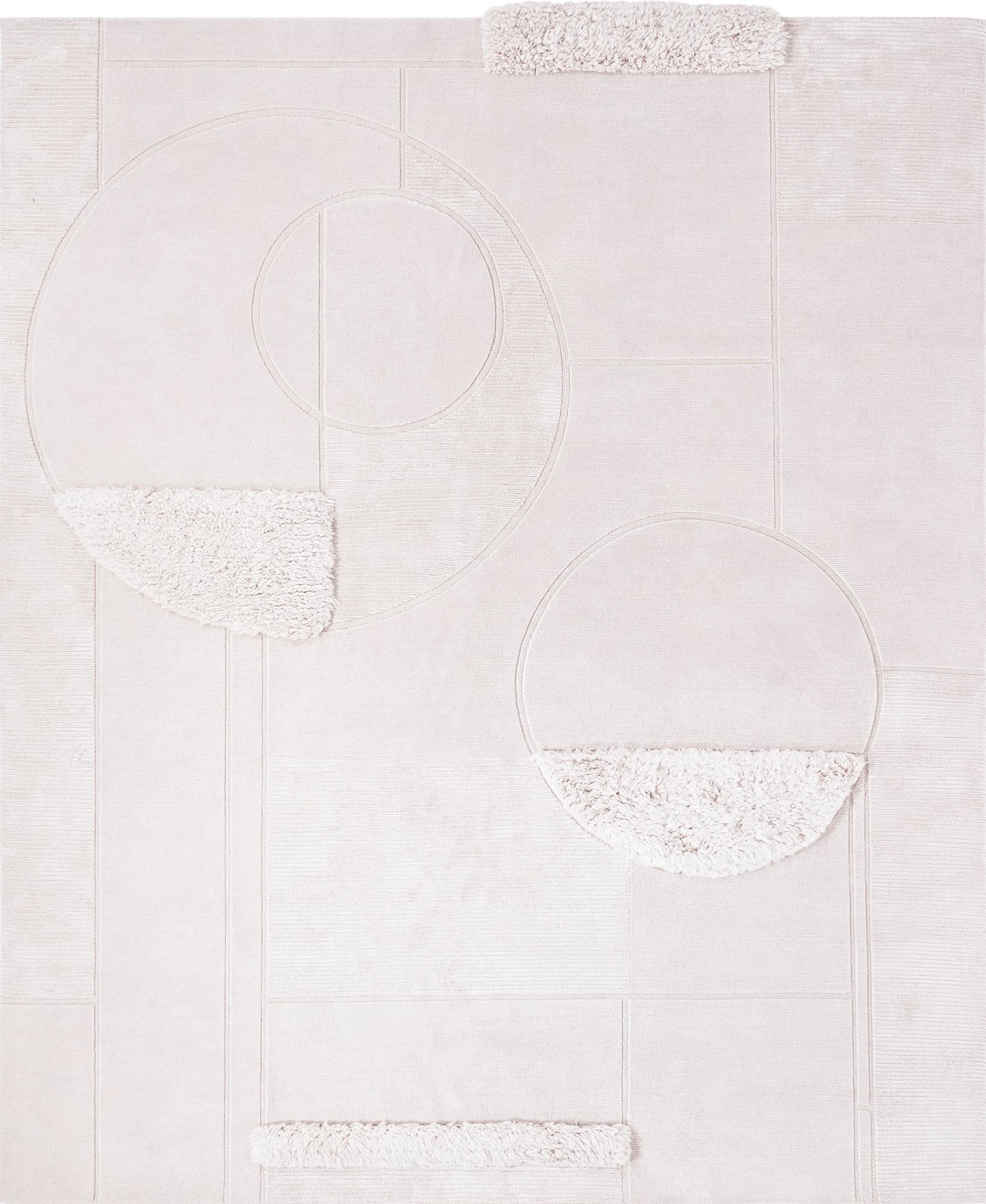 Composition XIV.II - Light Beige Hand Knotted Wool Silk Rug For Sale 4