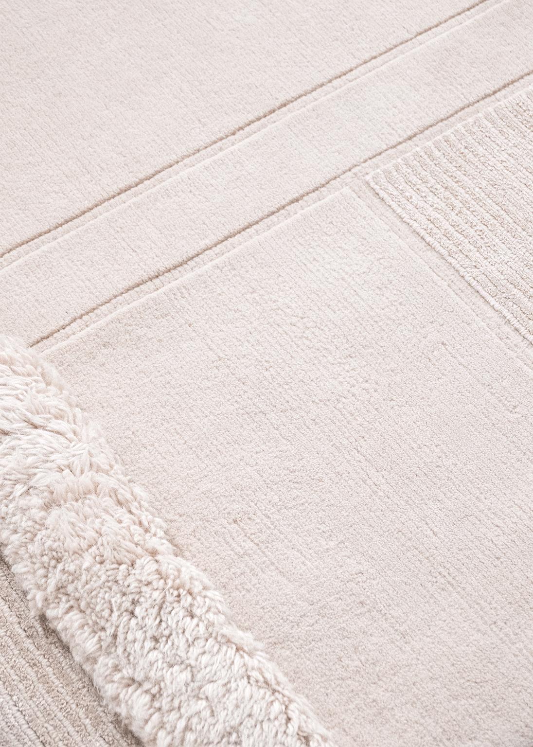 Nepalese Composition XIV.II - Light Beige Hand Knotted Wool Silk Rug For Sale