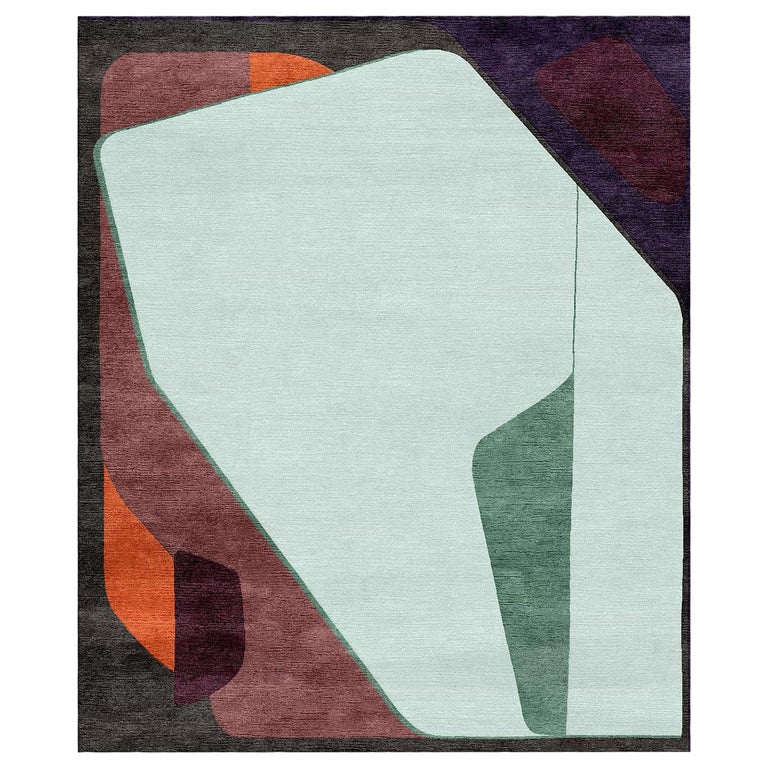 Composition XV.I - Geometric Designer Hand Knotted Wool Silk Rug For Sale