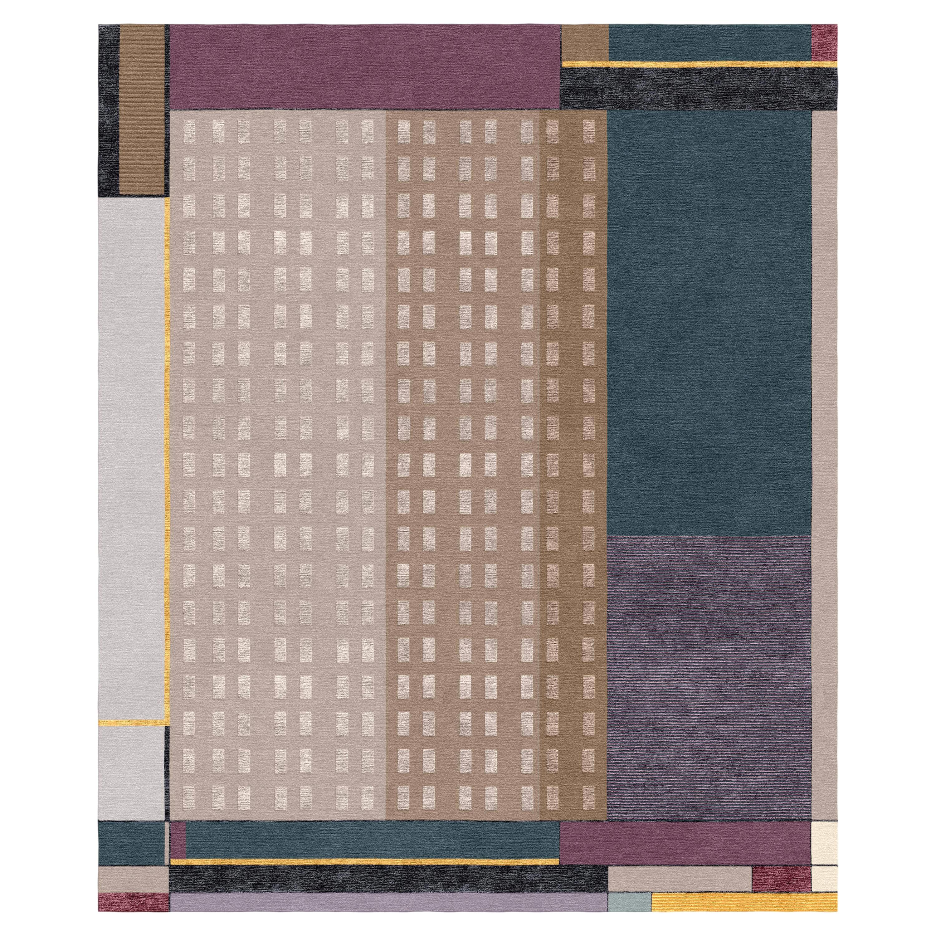 Composition XVII - Purple Patterned Hand Knotted Wool Silk Rug For Sale