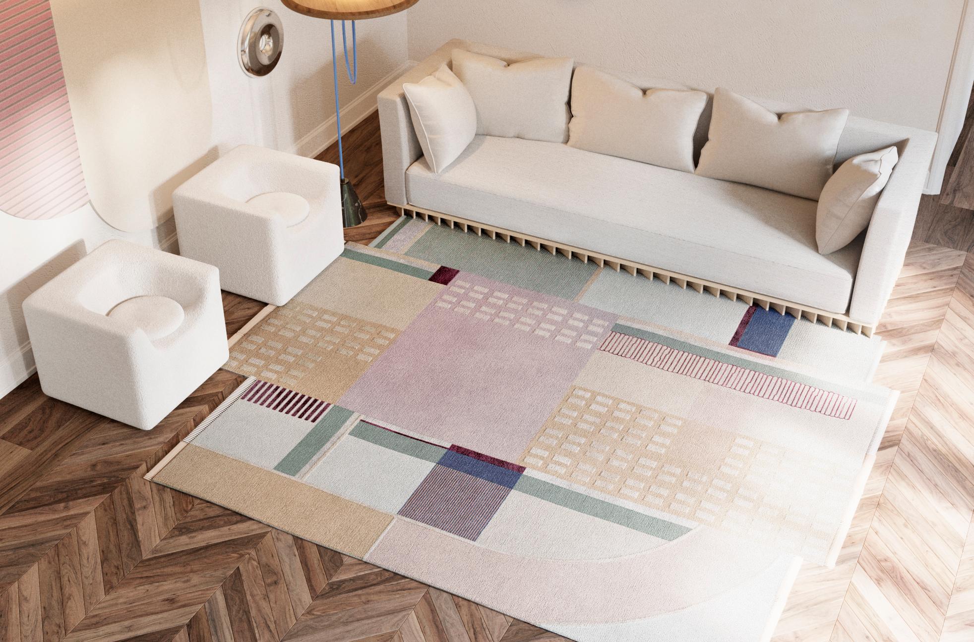 Moderno Tappeto Rosa Beige Contemporaneo Astratto Annodato a Mano Lana Seta Composizione XVIII in vendita
