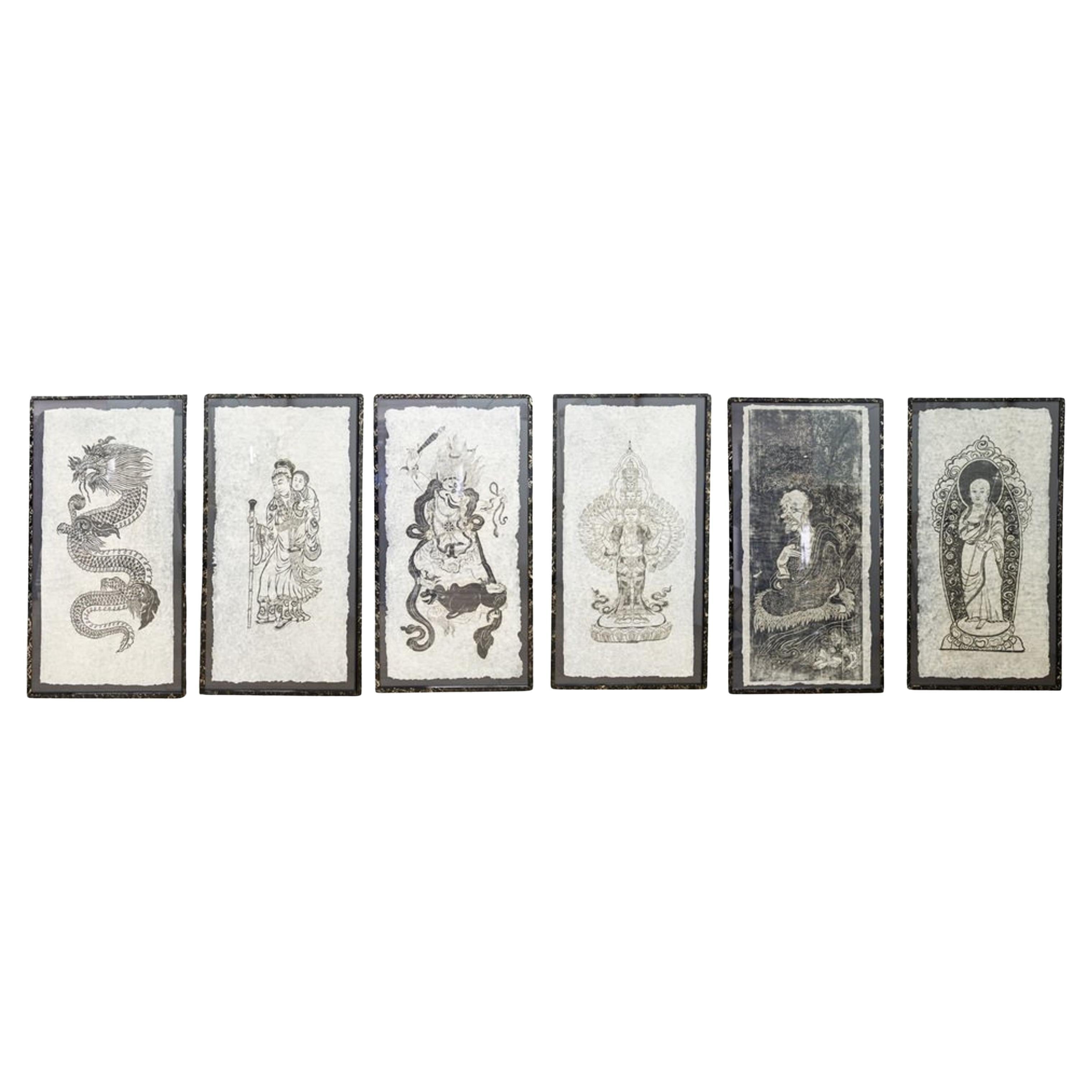 Composiciones figurativas, xilografías, años 60, con marco, lote de 6 en venta