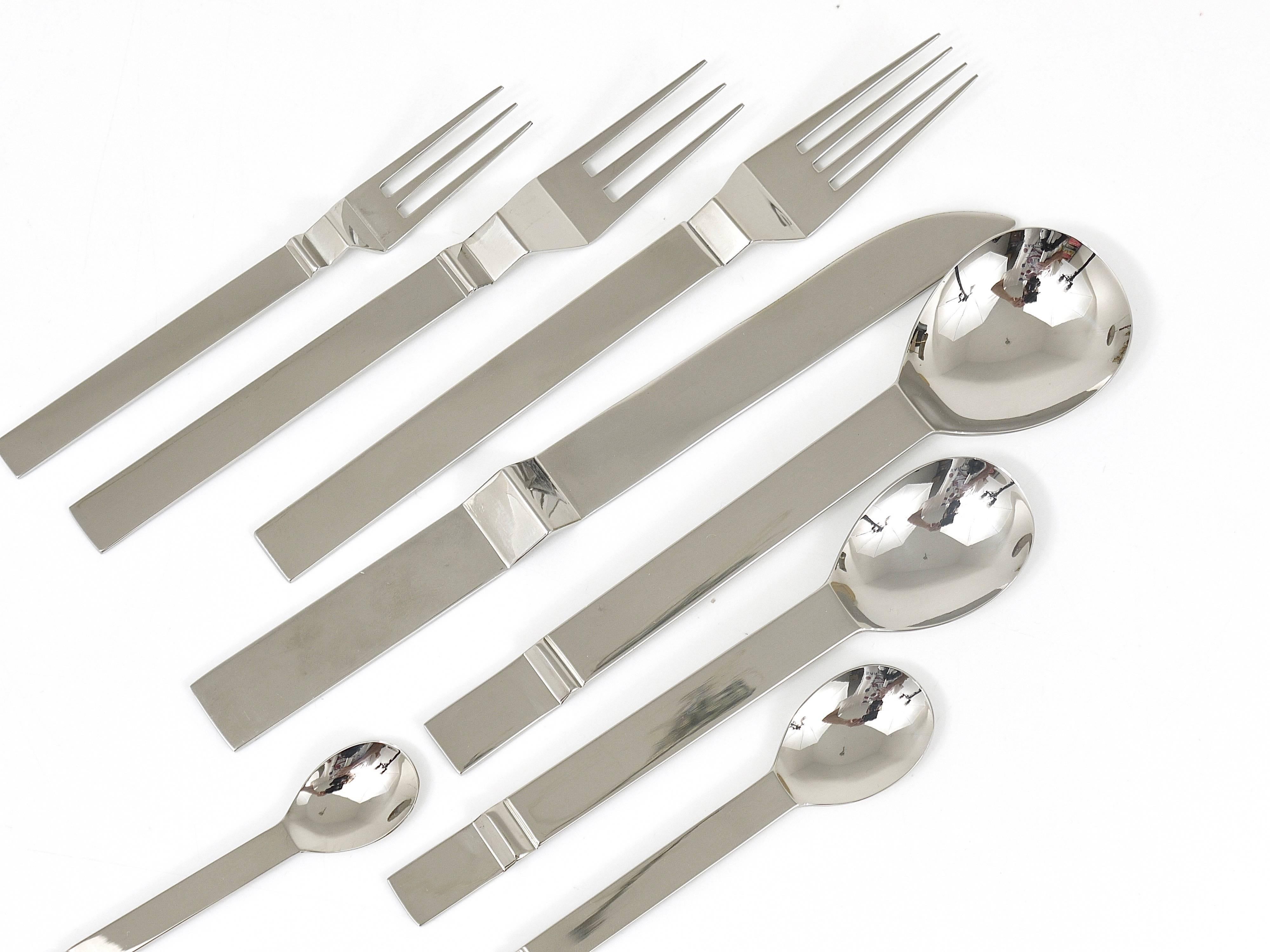 A comprehensive set of flatware, designed in the 1990s by Bob Patino (1942-1998) for Berndorf Austria. Beautiful and hard-to-find cutlery made of chrome-plated stainless steel, discontinued. 

We offer two identical sets for six persons each.