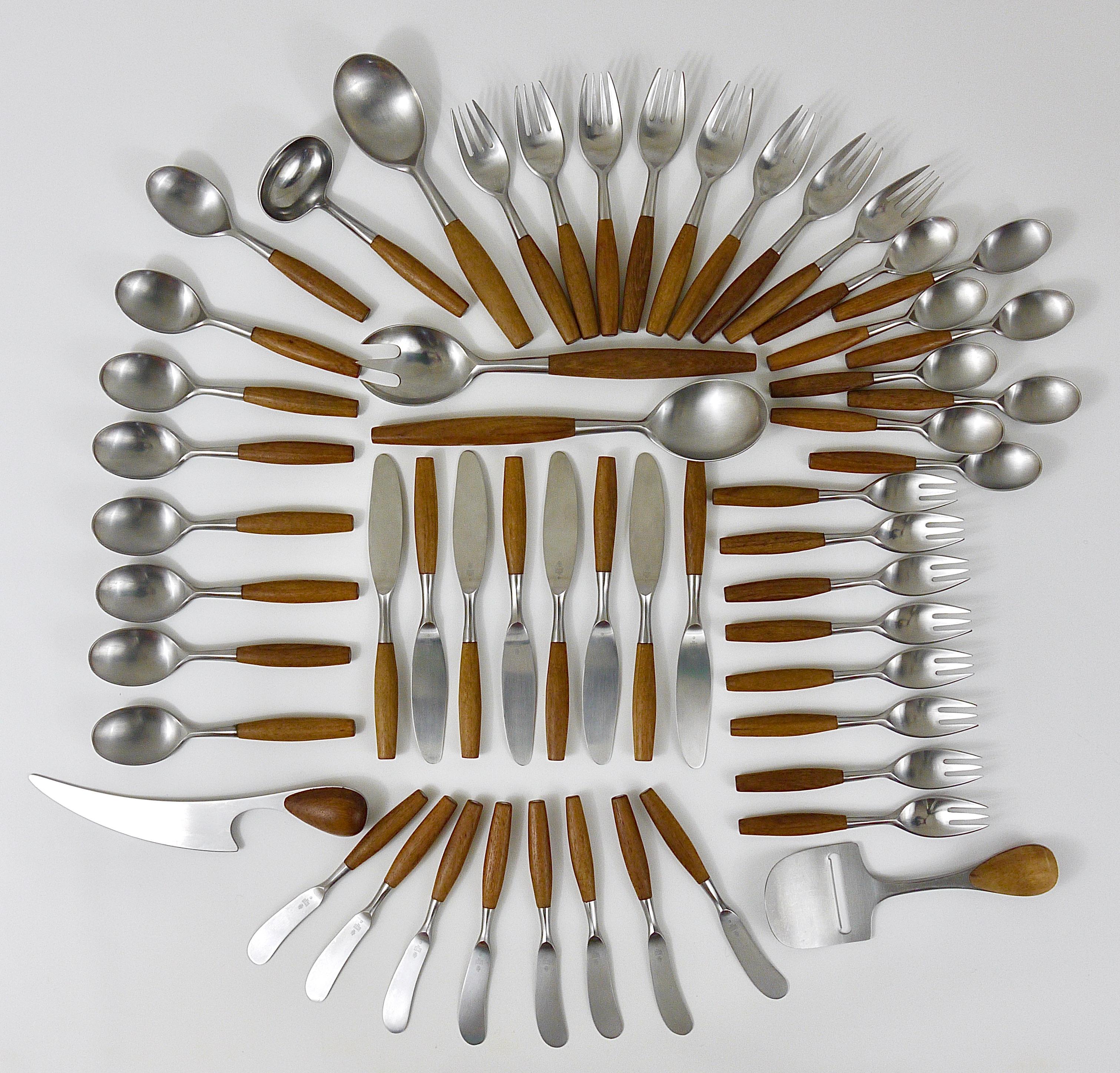 A comprehensive set of midcentury Danish modern flatware, designed in the 1950s by Jens Quistgaard for Dansk. Beautiful and hard-to-find cutlery made of stainless steel with beautiful teak handles, which is part of the collection of the Museum of