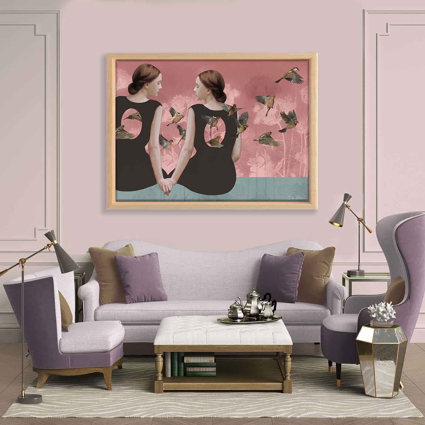 Part of a signed and numbered Limited Edition, this Pop-Surrealist digital painting depicts the intimate bond between two female figures holding hands. A flock of bird passes by, representing their secret, shared imagination. Printed on high-quality