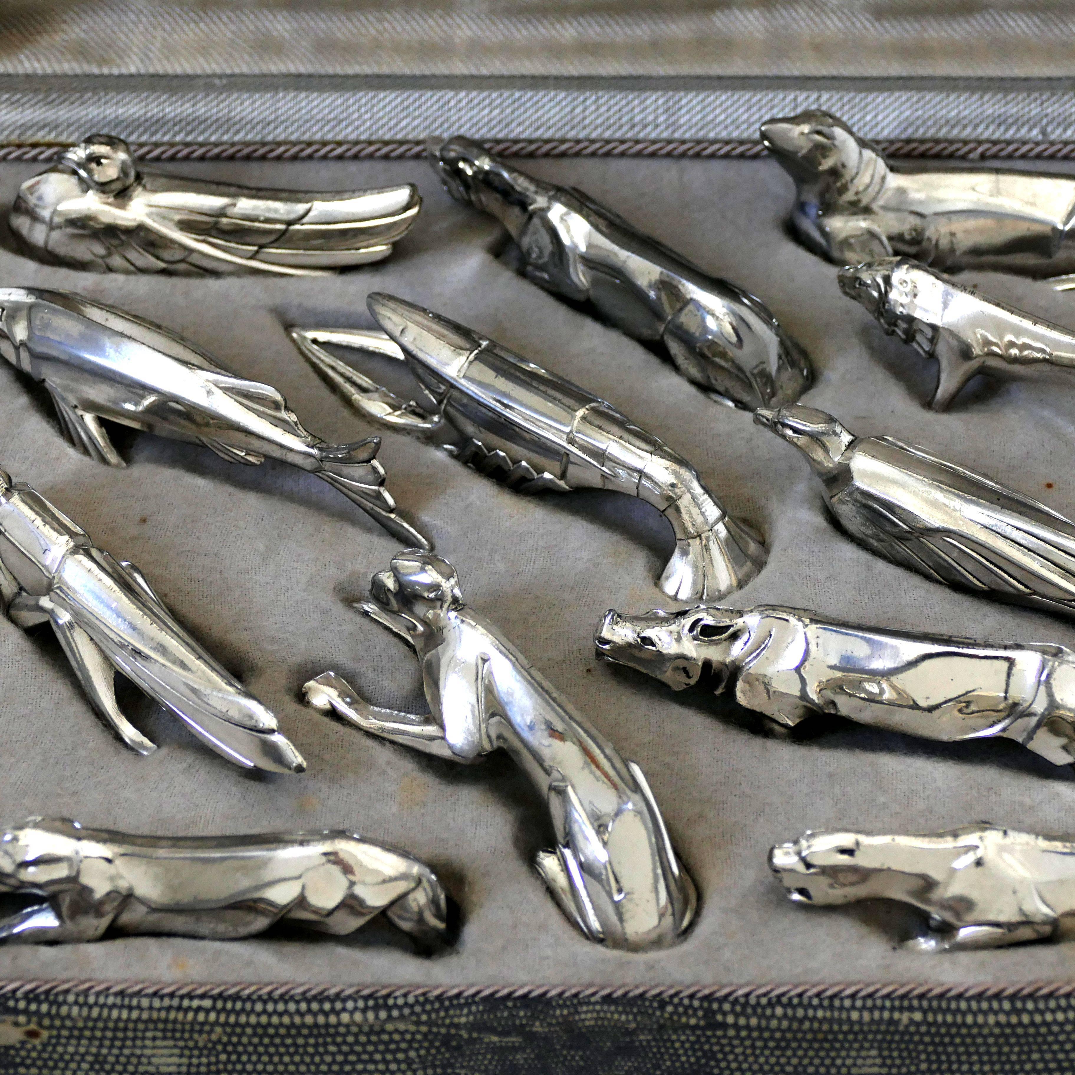 Metal Comptoir General, French Art Deco Knife Rests Set 12 Pc, Animals, Original Box For Sale