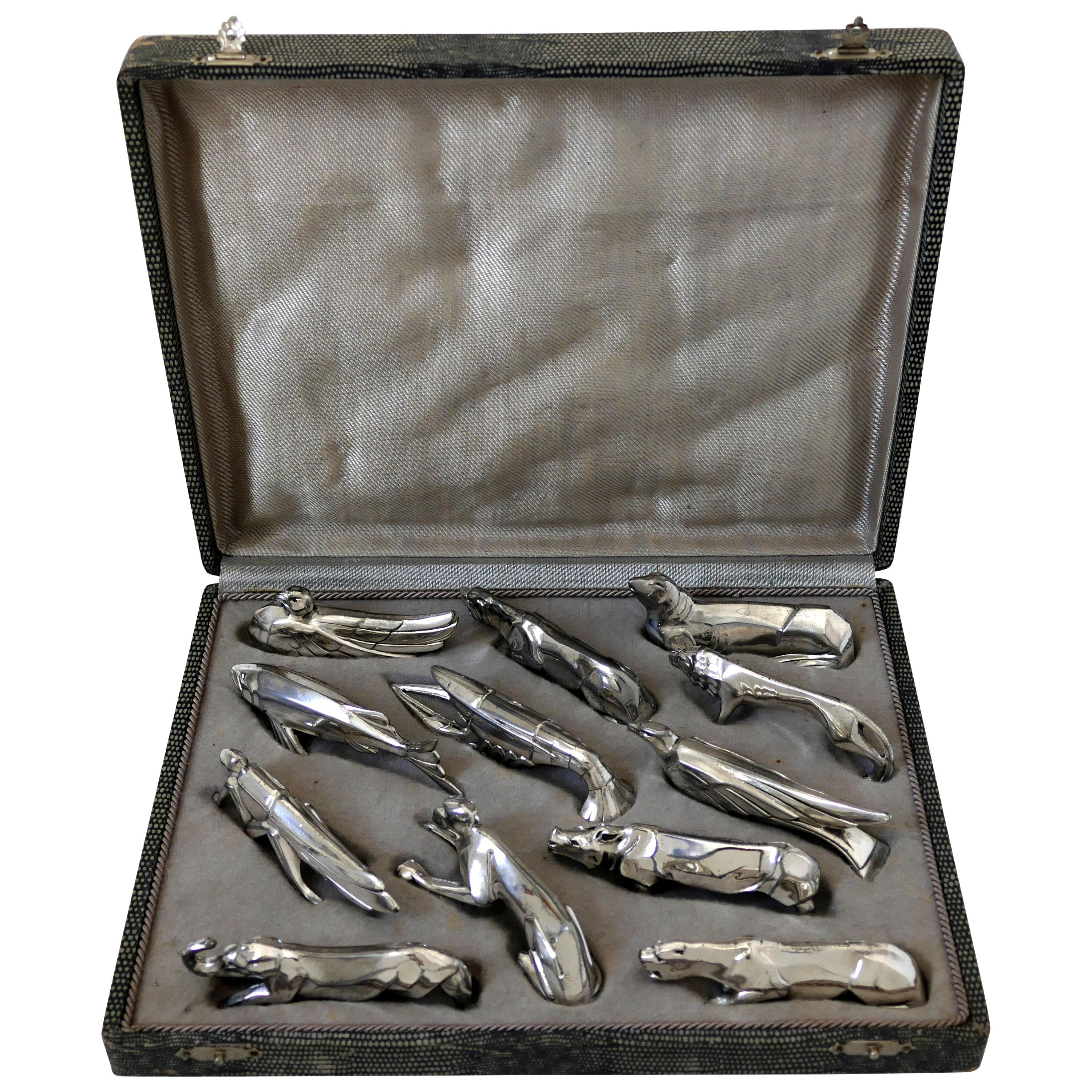 Comptoir General, French Art Deco Knife Rests Set 12 Pc, Animals, Original Box For Sale