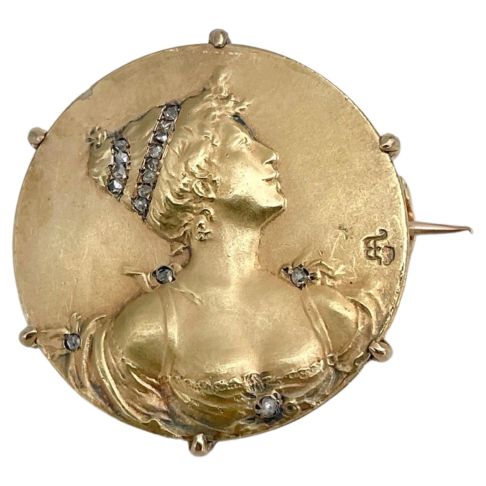 Comte D’Epinay De Briort Art Nouveau 18 Karat Gold Diamond Lady Pin Brooch