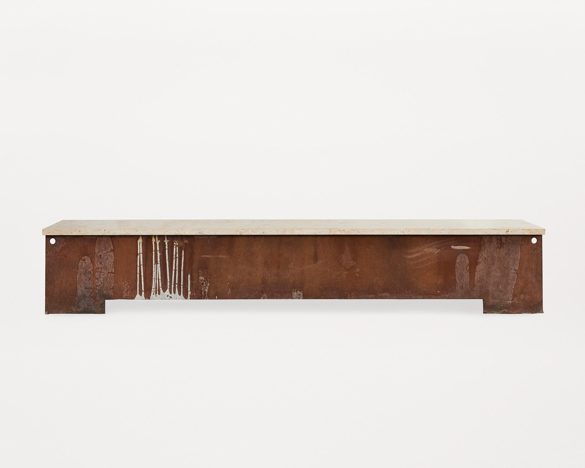 Comtemporary 64 Bench In Beige Travertin And Corten Steel For Sale