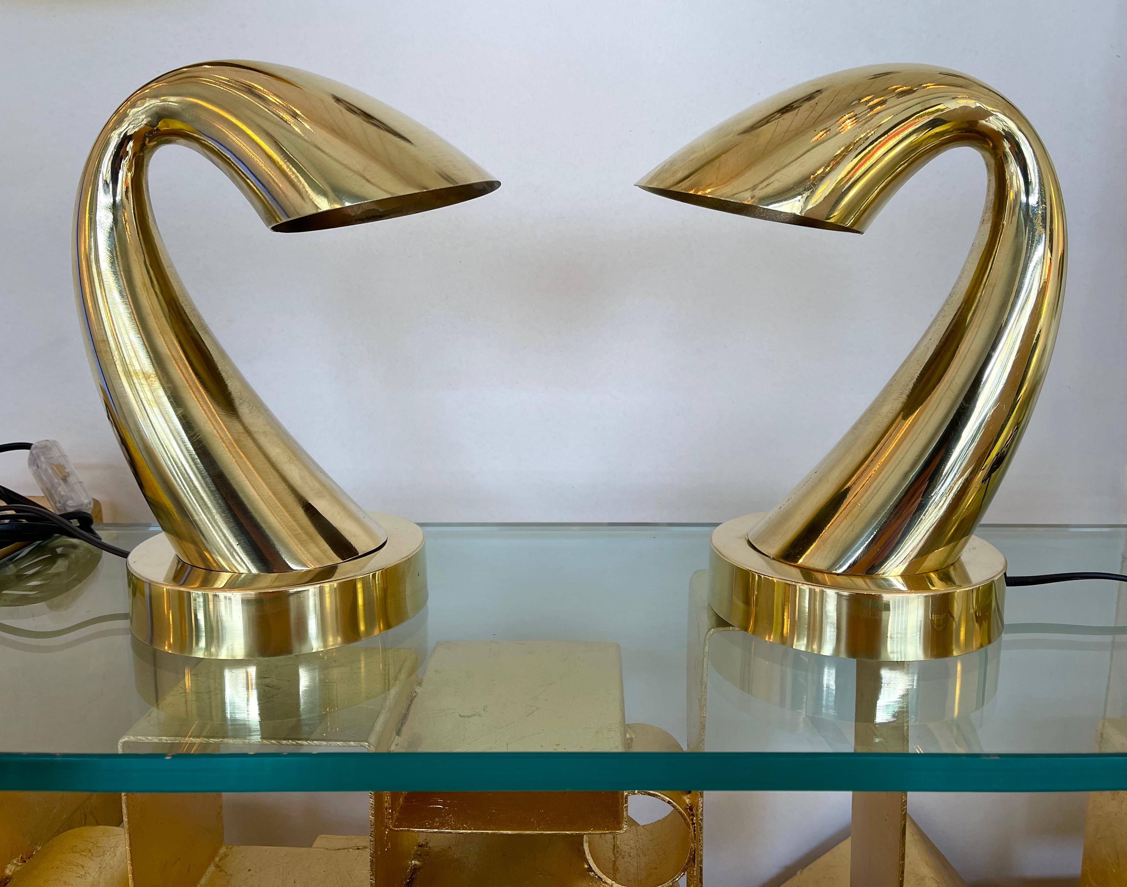 Mid-Century Modern Comtemporary Pair of Brass Horn Tube Lamps, Italy