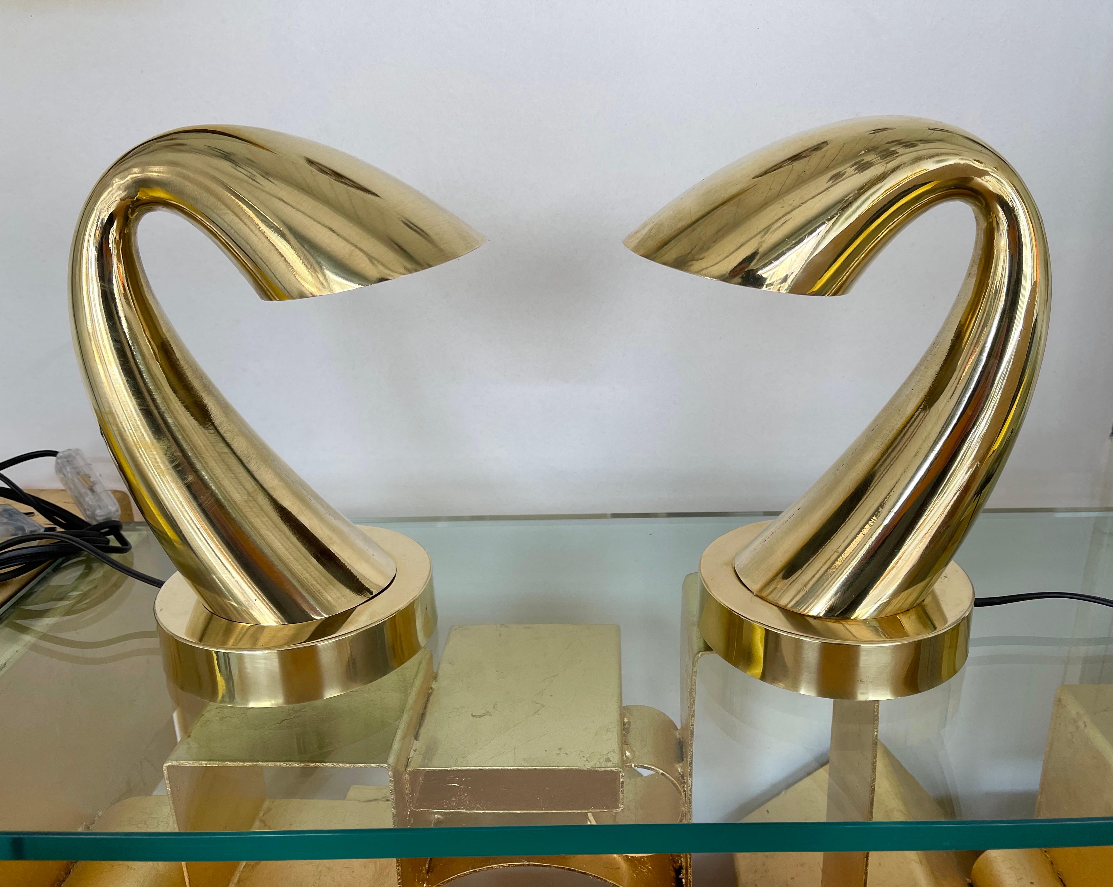 Italian Comtemporary Pair of Brass Horn Tube Lamps, Italy