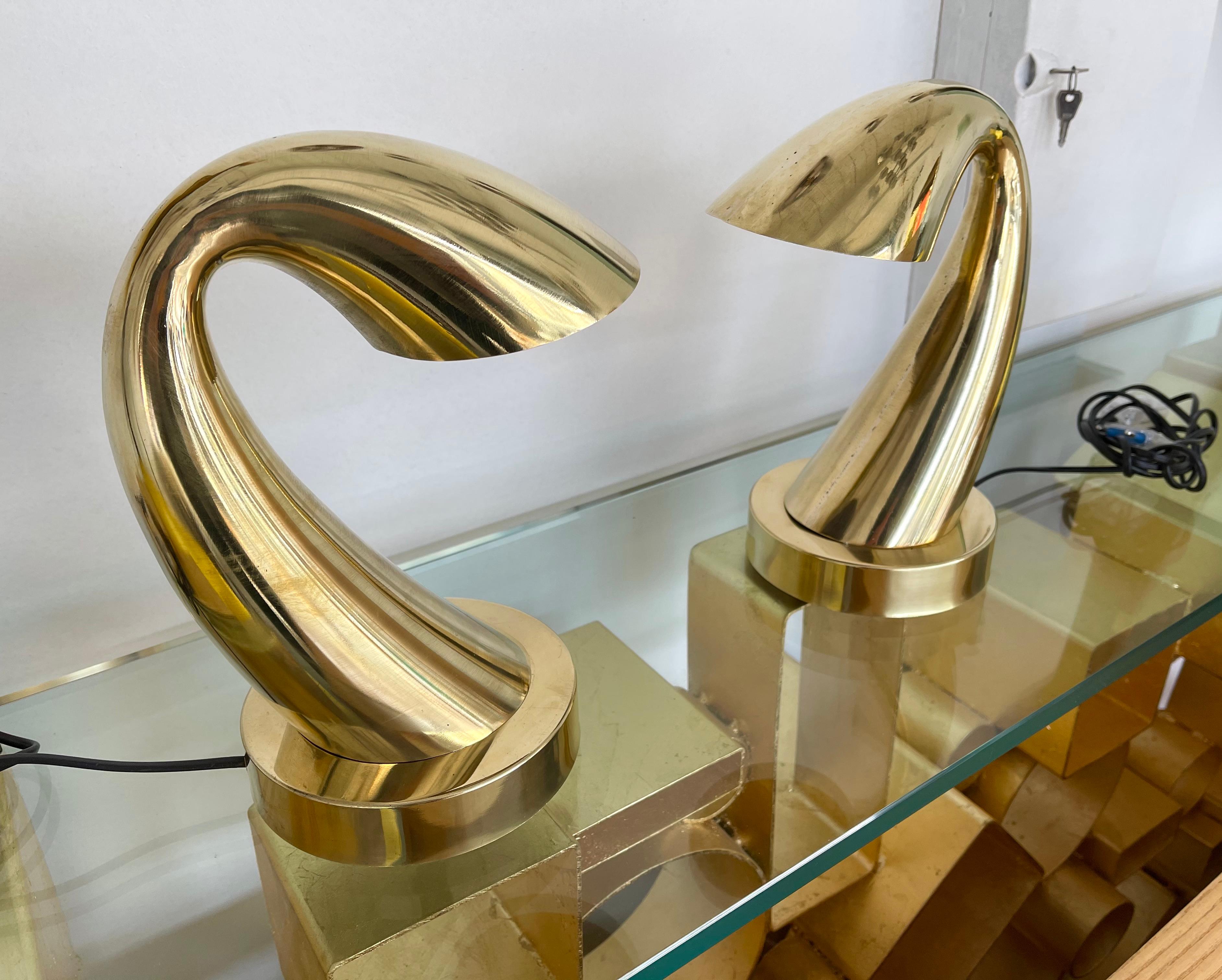 Comtemporary Pair of Brass Horn Tube Lamps, Italy 1