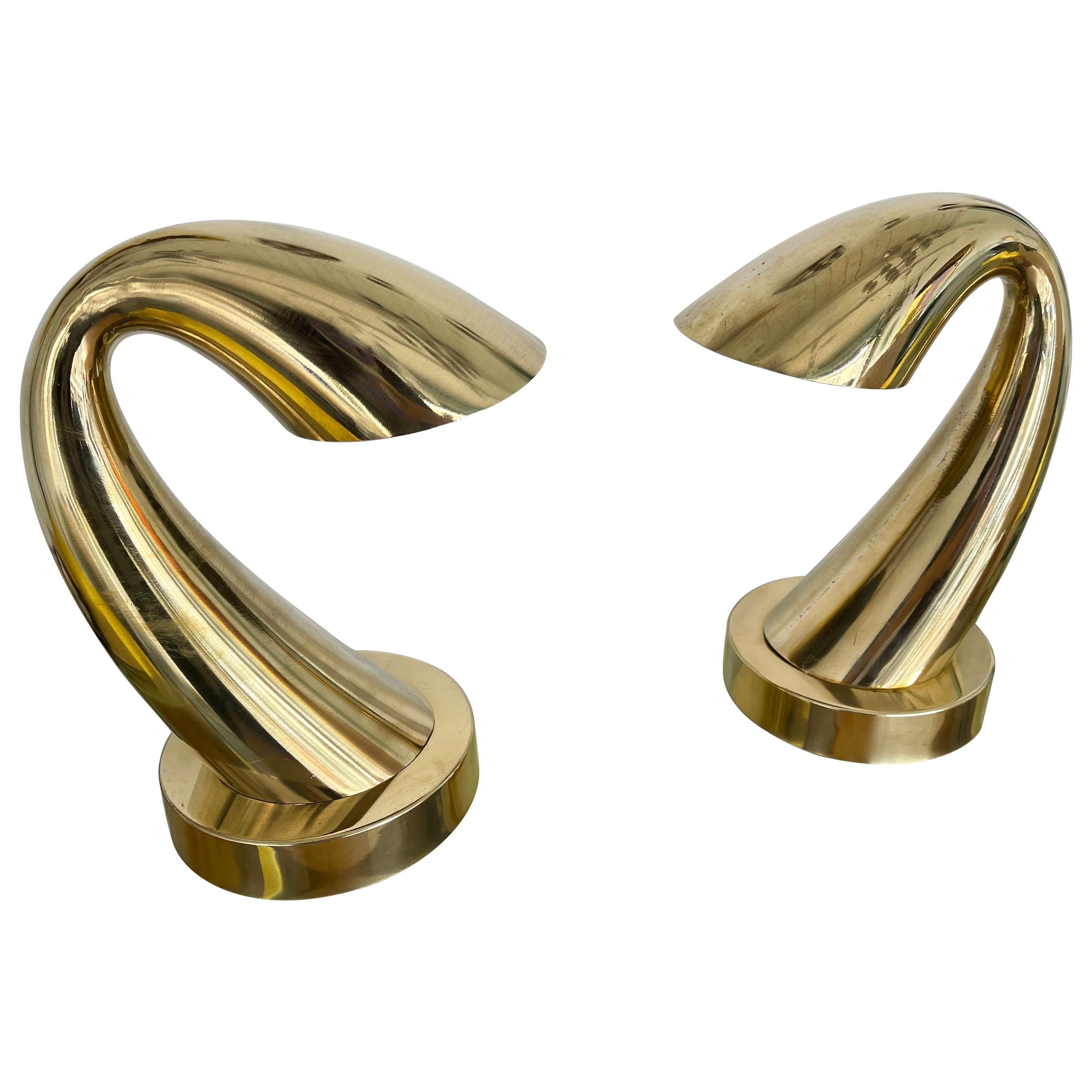 Comtemporary Pair of Brass Horn Tube Lamps, Italy