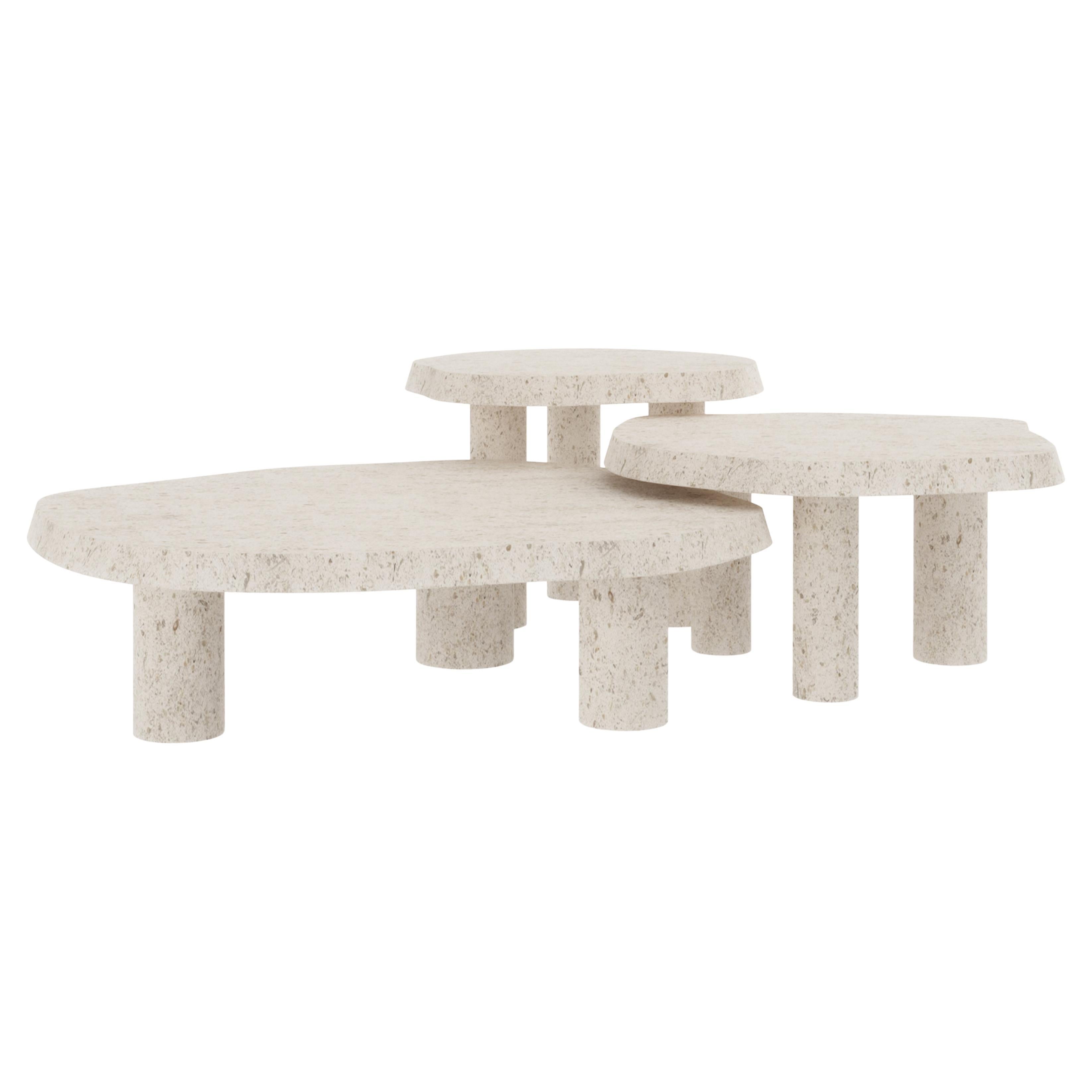 Portuguese Contemporary Saara Set 3 Nesting Coffee Tables, Buffon French Limestone For Sale