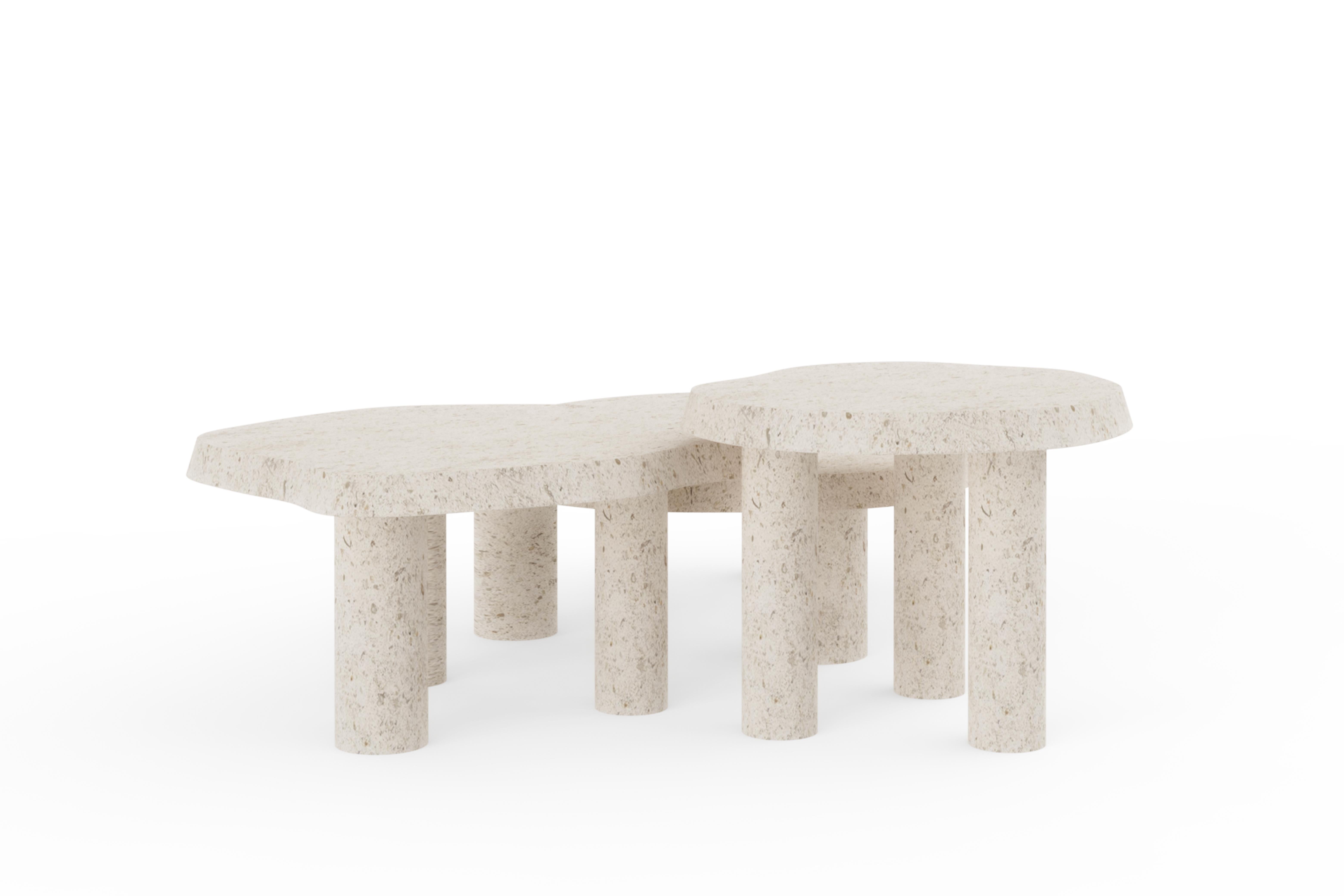 Hand-Crafted Contemporary Saara Set 3 Nesting Coffee Tables, Buffon French Limestone For Sale