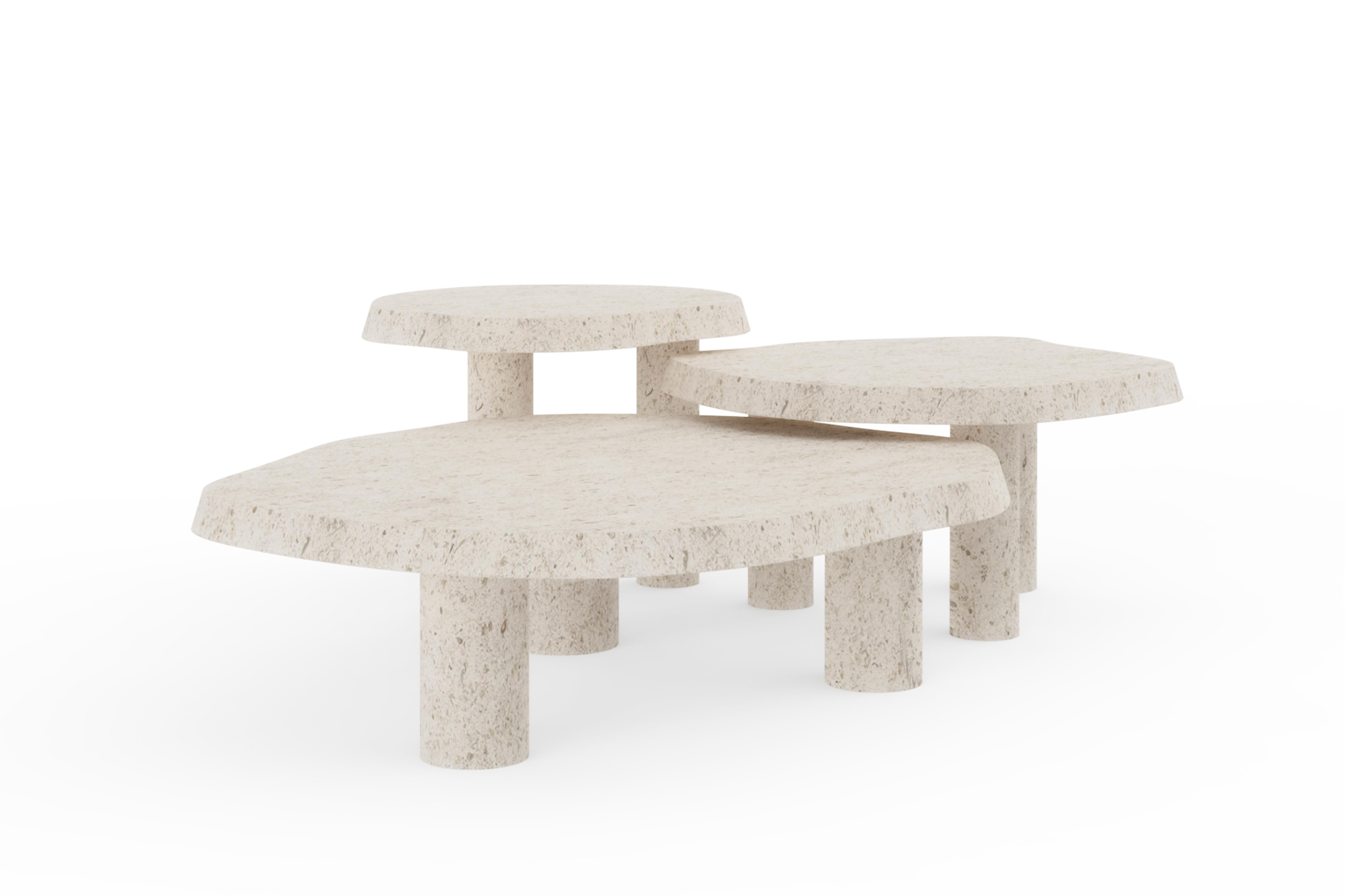 Contemporary Saara Set 3 Nesting Coffee Tables, Buffon French Limestone For Sale 1