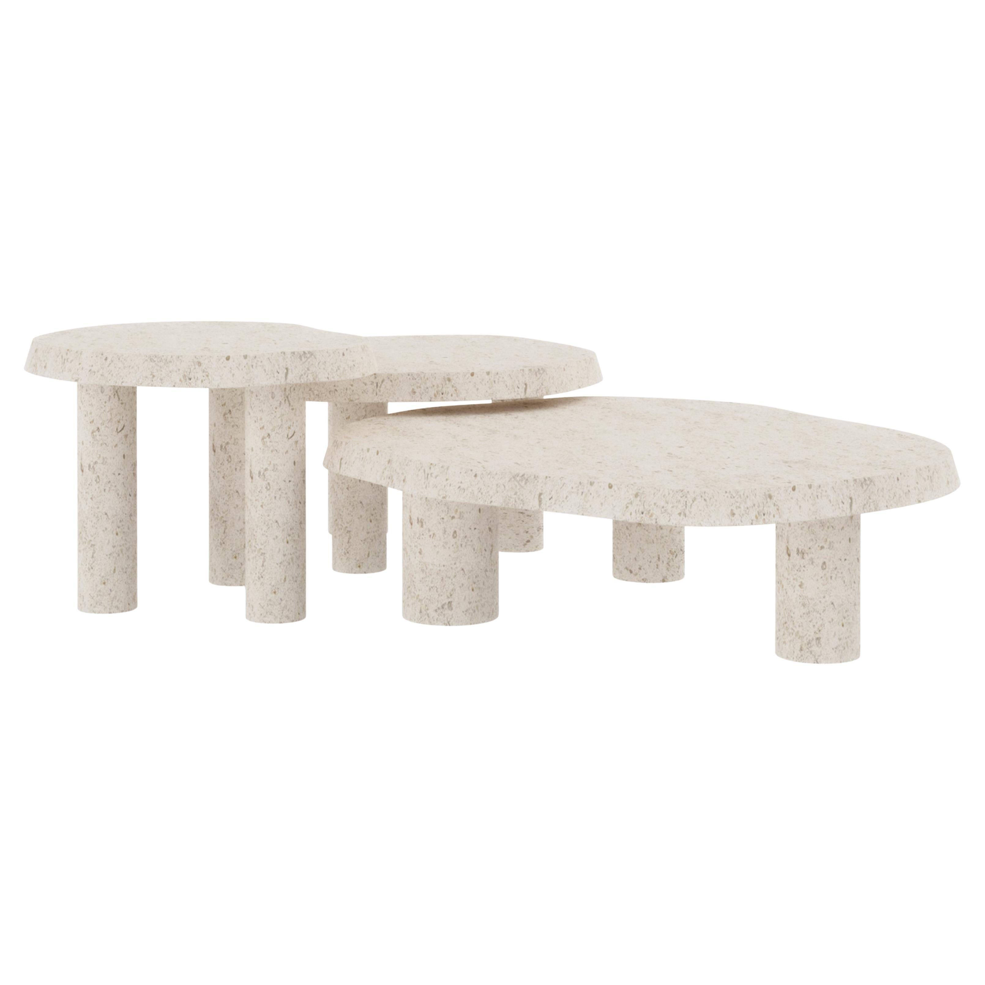 Modern Contemporary Saara Set 3 Nesting Coffee Tables, Buffon French Limestone For Sale