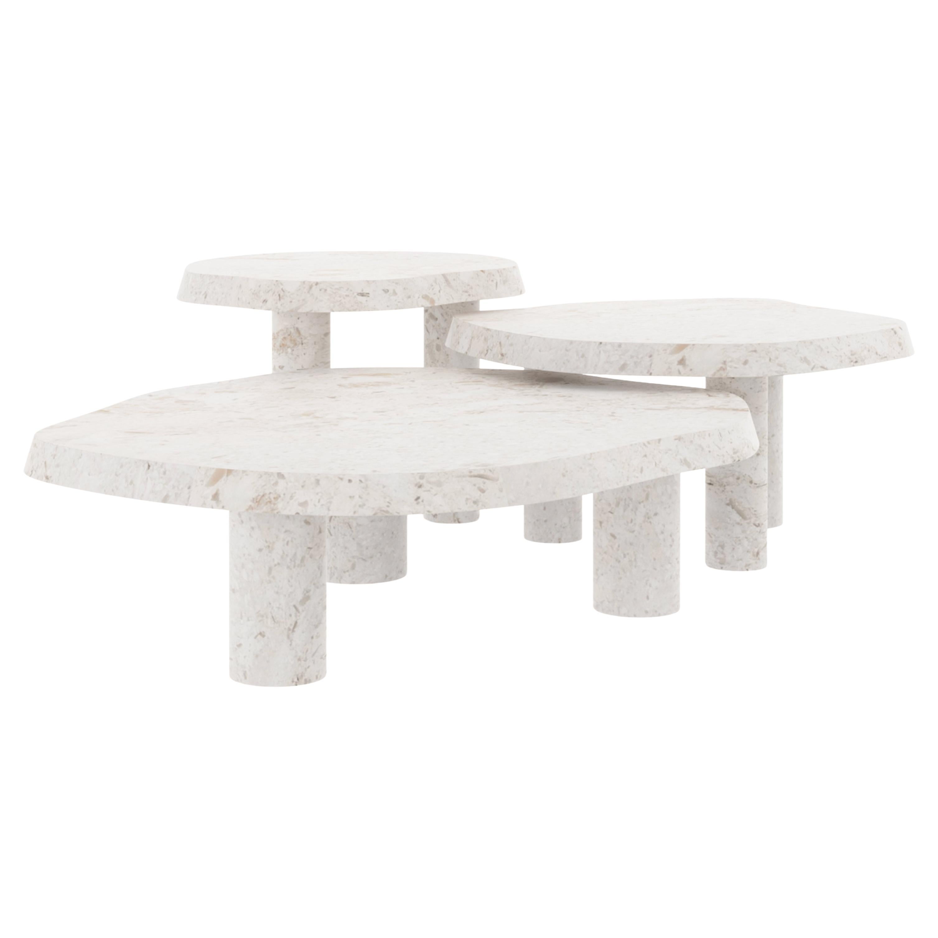 Portuguese Comtemporary Saara Set/3 Nesting Coffee Tables, Perla Limestone, Greenapple For Sale