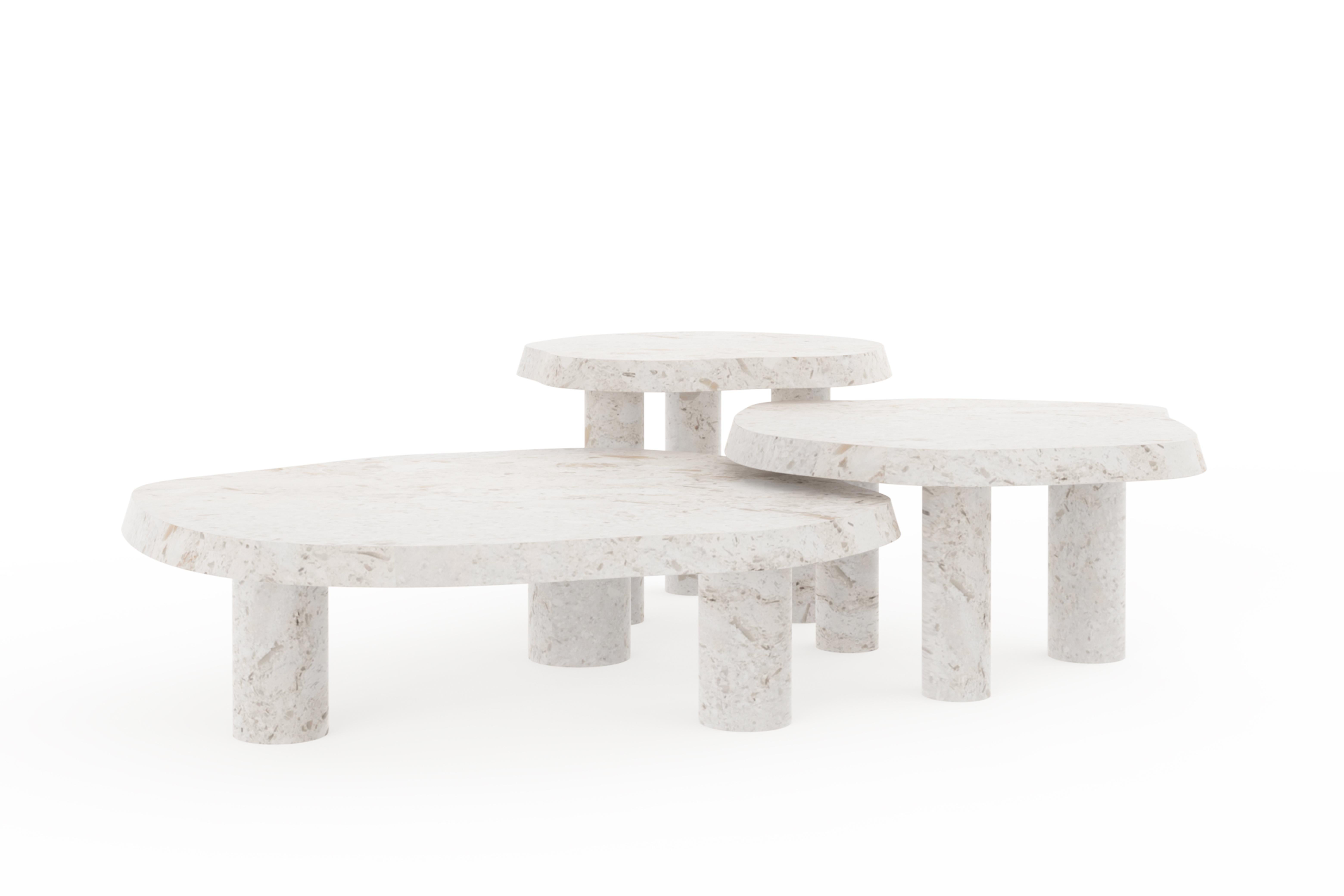 Hand-Crafted Comtemporary Saara Set/3 Nesting Coffee Tables, Perla Limestone, Greenapple For Sale
