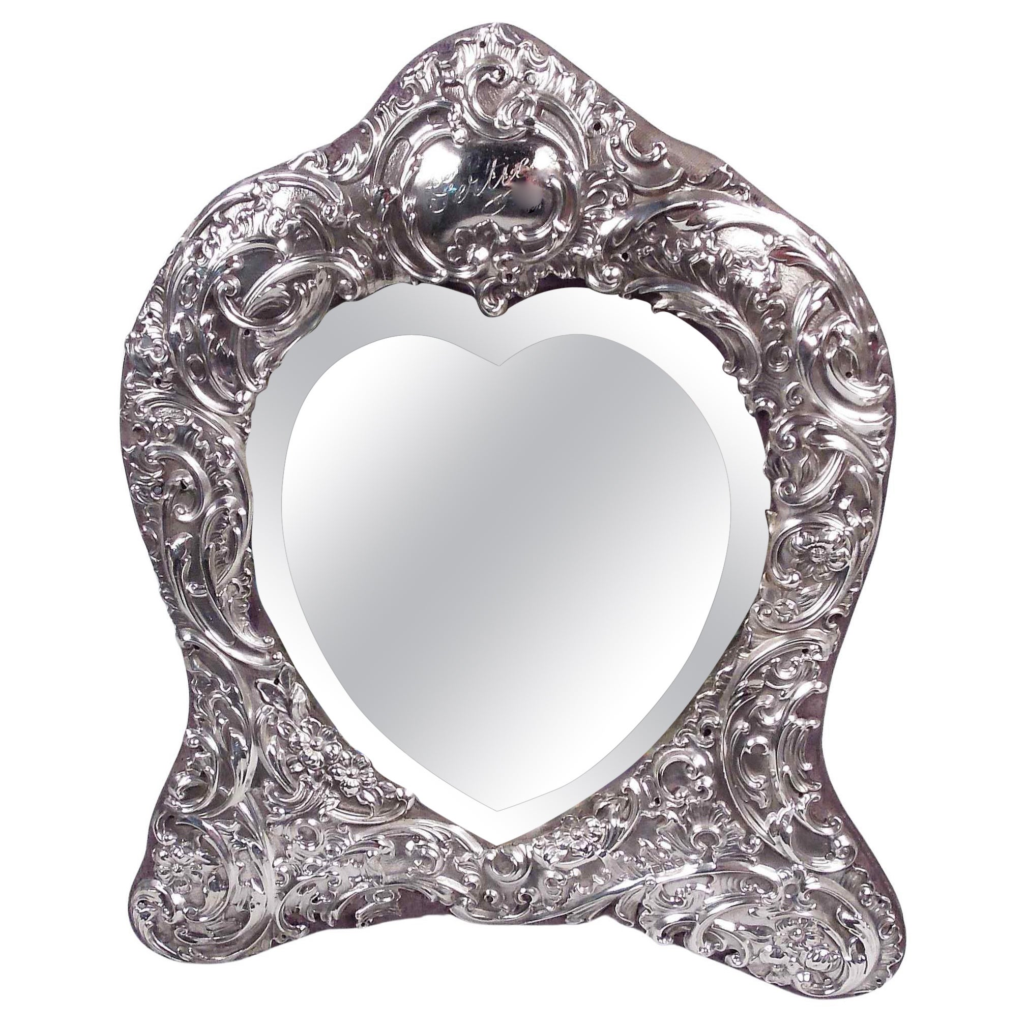 Espejo corazón rococó inglés eduardiano de plata de ley Comyns, 1907