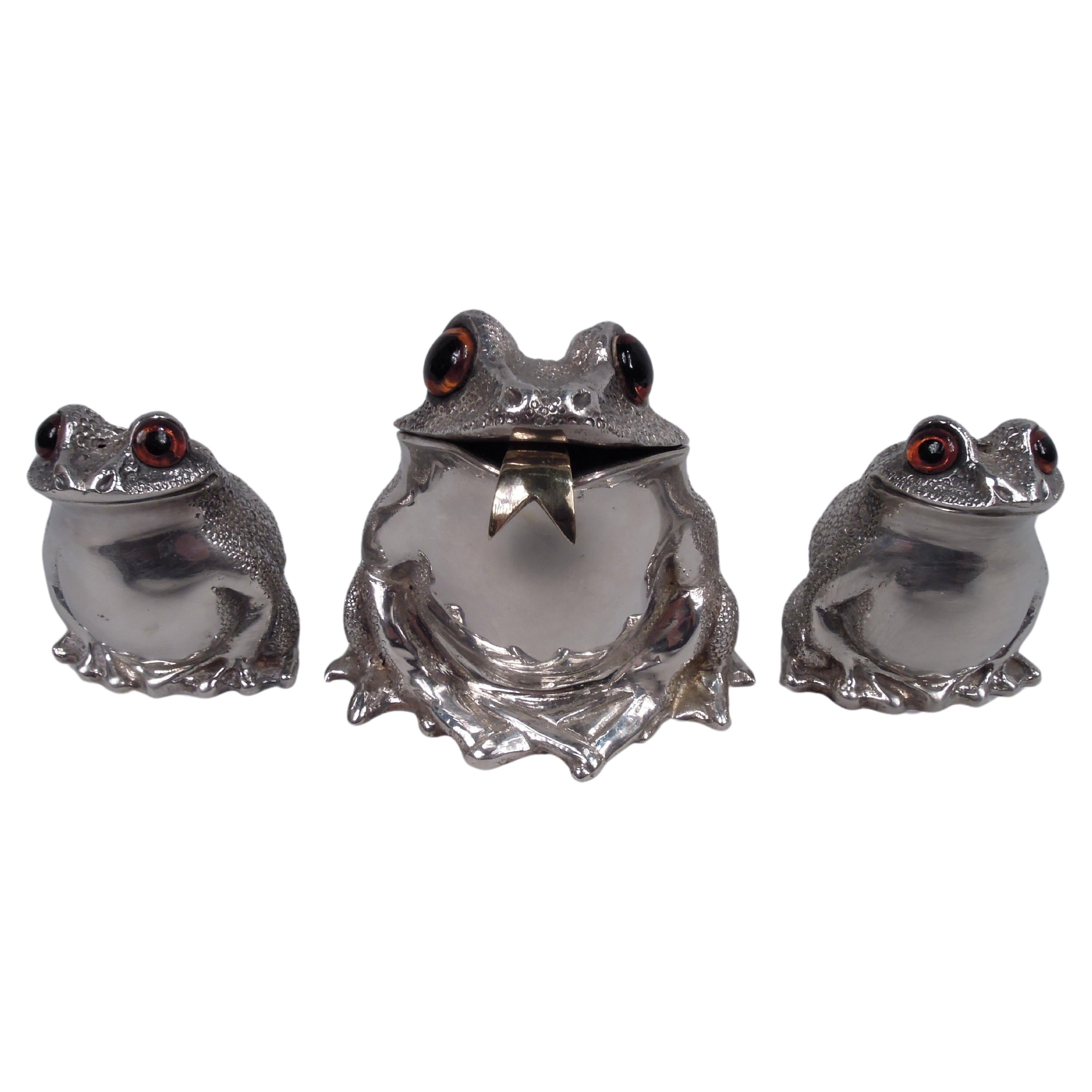 Comyns English Frog Condiment Set with Mustard Pot & Shakers, 1980