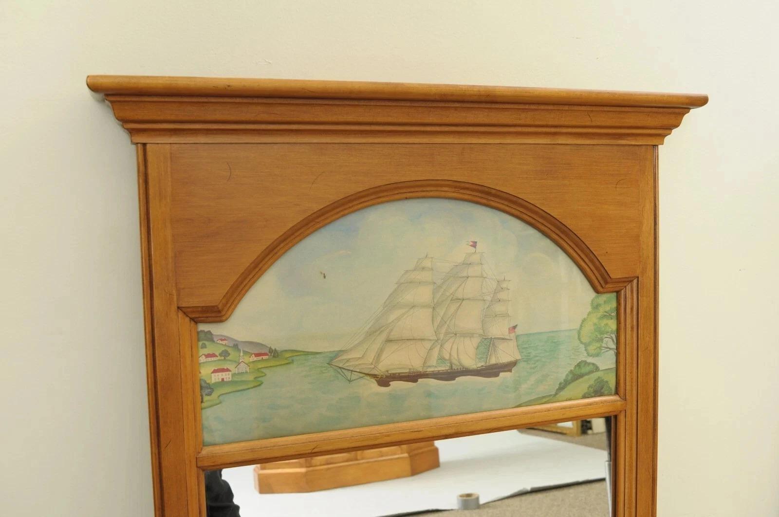 Unknown Conant Ball Colonial Maple Wood Console Cabinet Table w Clipper Ship Wall Mirror For Sale