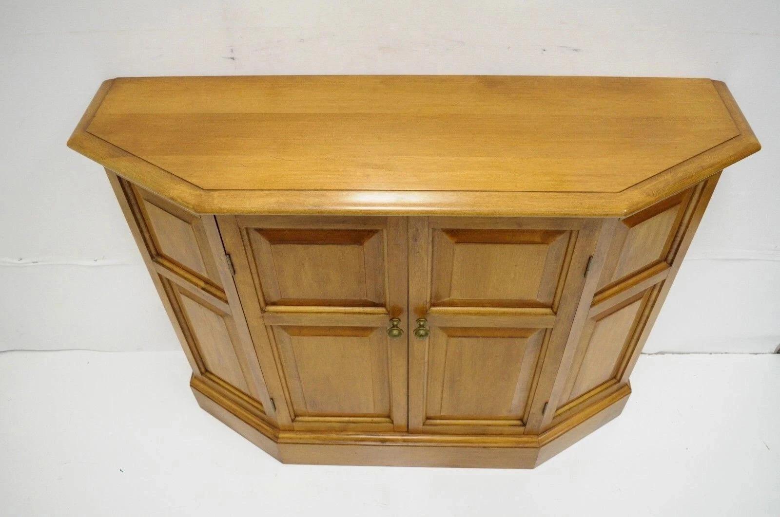 Glass Conant Ball Colonial Maple Wood Console Cabinet Table w Clipper Ship Wall Mirror For Sale