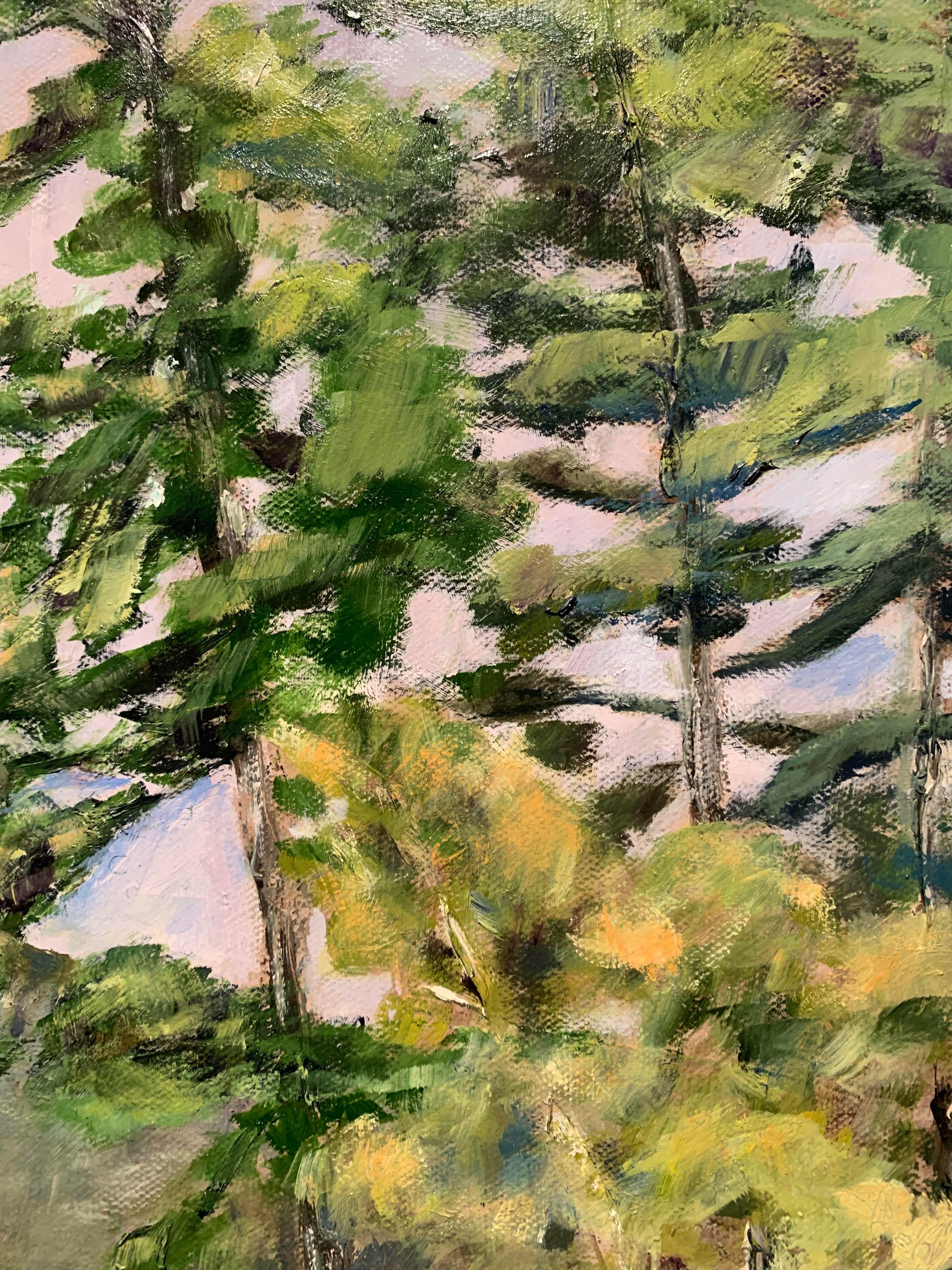 Cette peinture à l'huile sur toile montre une île dans un lac du nord de l'État de New York. Les verts de sève luxuriants et les jaunes ocre qui se posent sur le clapotis de l'eau sont saisissants. Les arbres et l'herbe jaunis reflètent les rayons