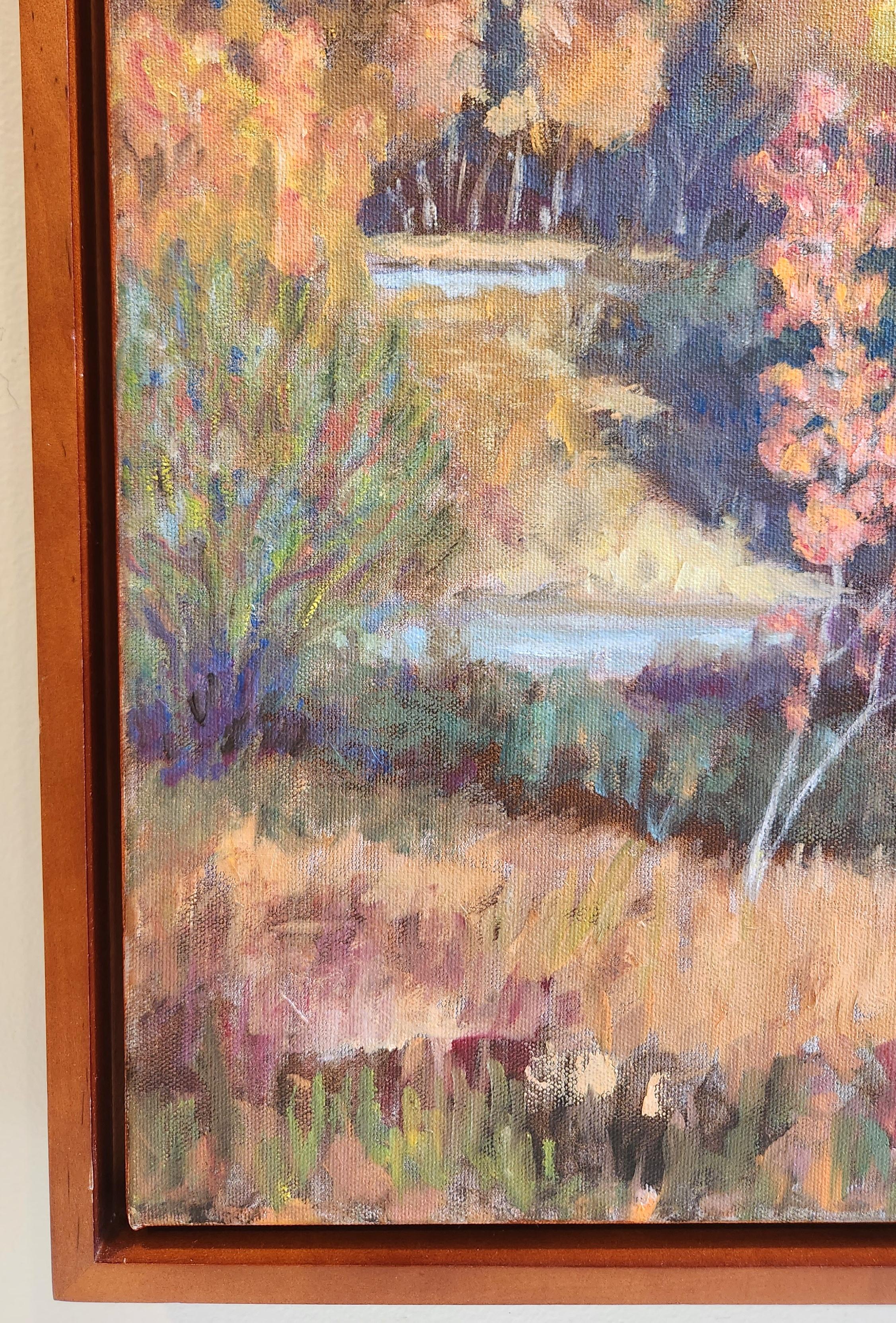 Questo paesaggio degli Adirondack mostra una scena autunnale con il fogliame dai colori vivaci: giallo, rosso e corallo. Le montagne degli Adirondack sono sullo sfondo. Due stagni sono percorribili attraverso la vegetazione. Di solito l'artista