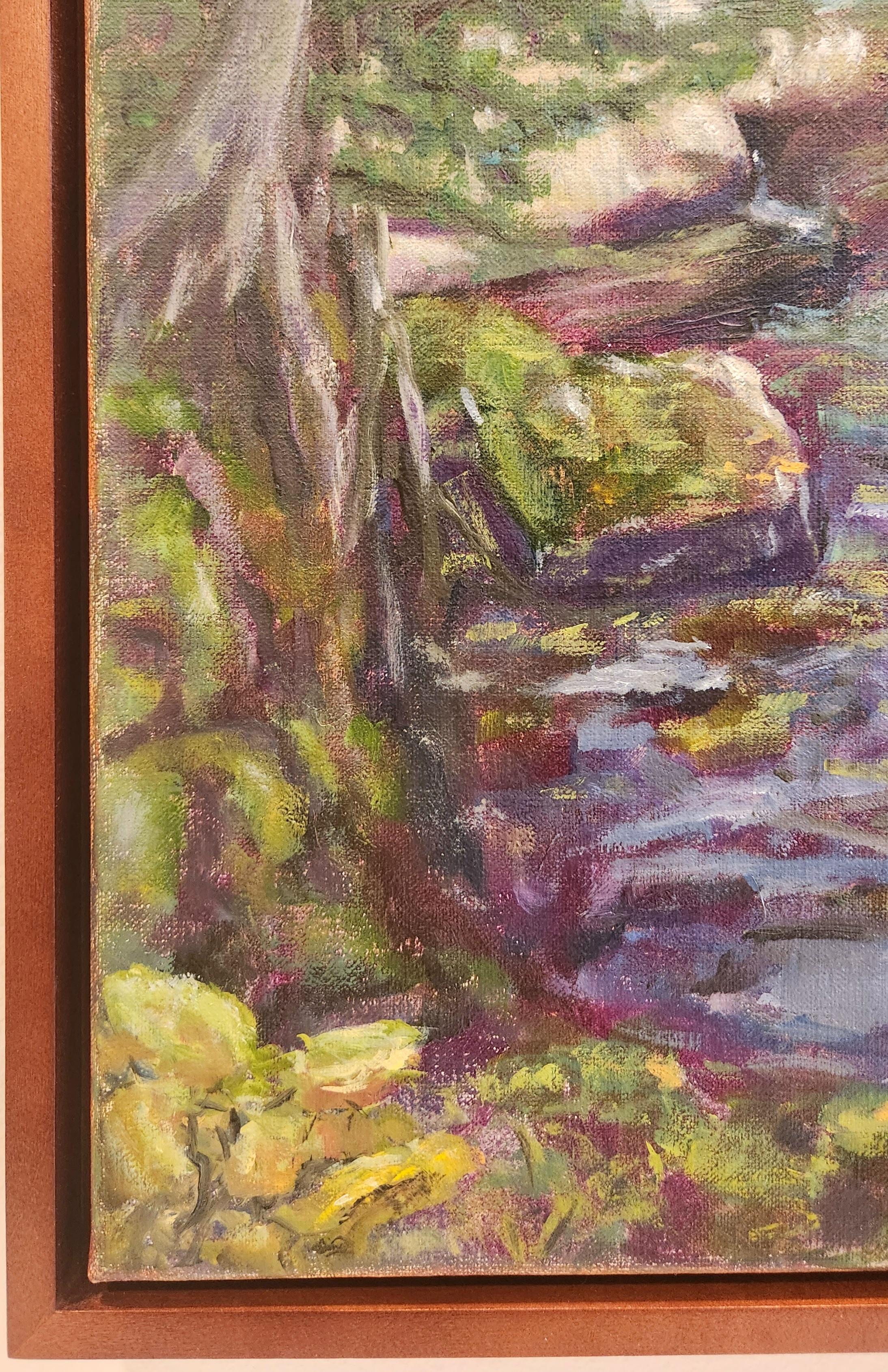 Peinture à l'huile sur lin - Roches de rivière vertes en vente 1