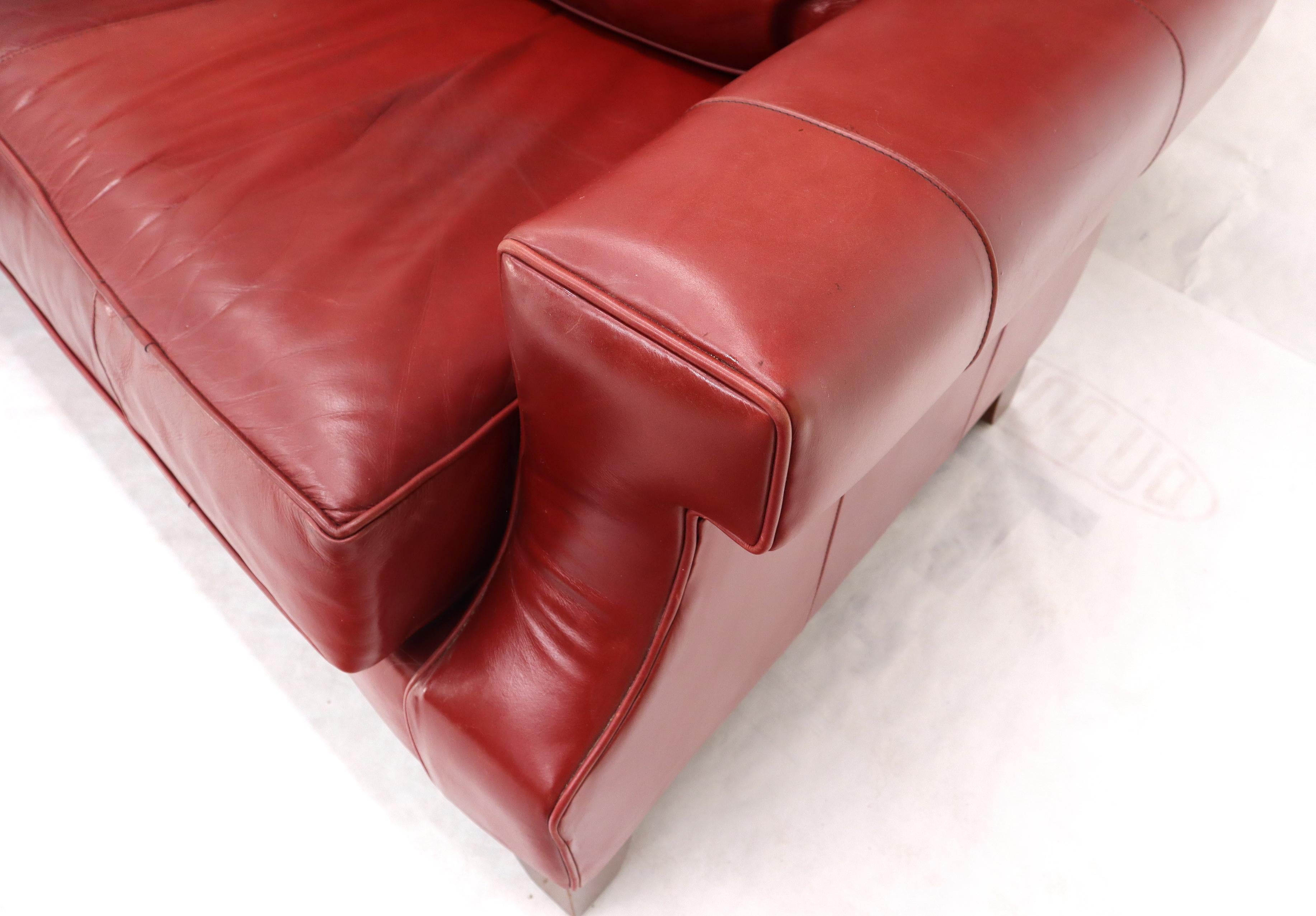 Mid-Century Modern Concave Front Edge Tomato Red Leather Upholstery Couch Leather Sofa Thomasville