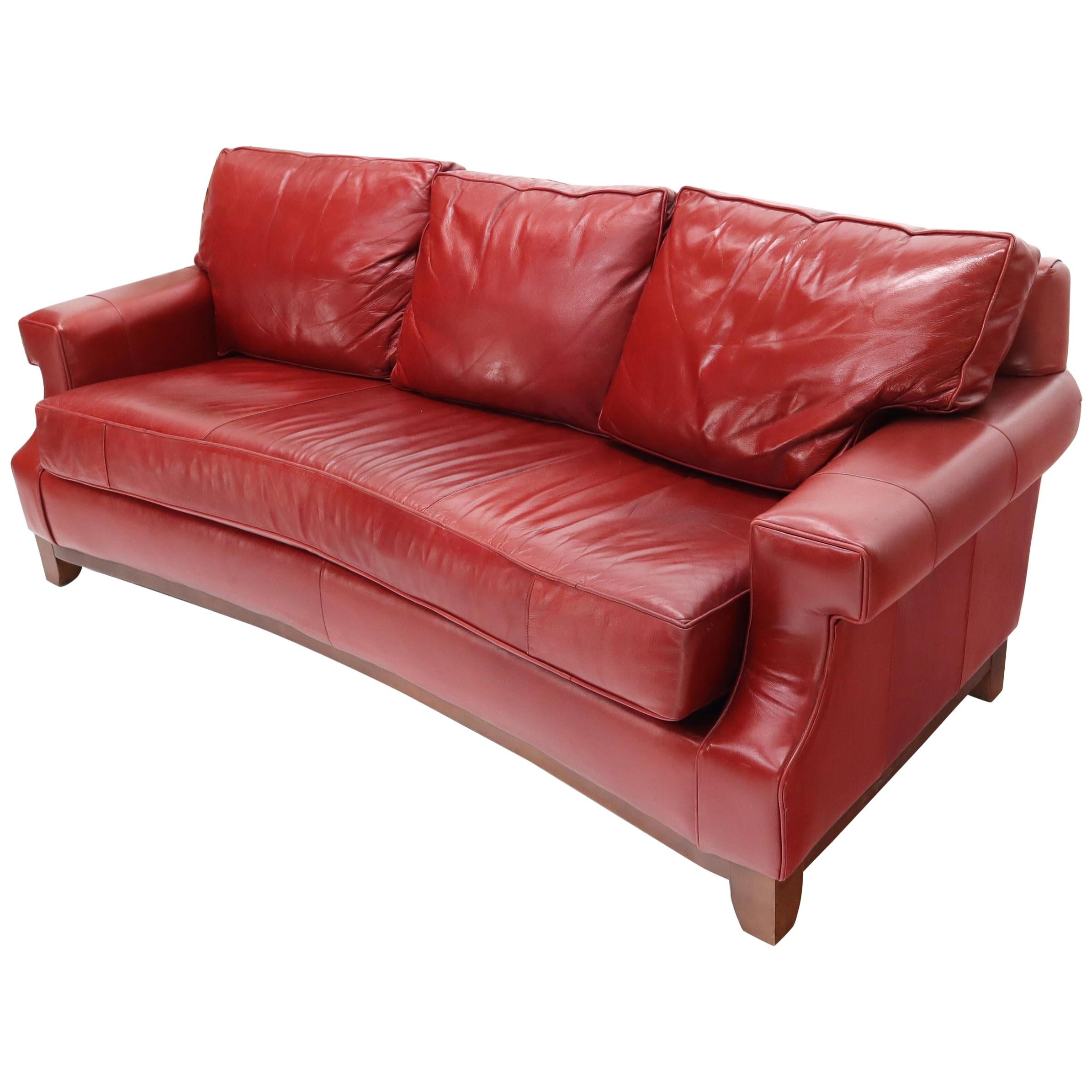 Concave Front Edge Tomato Red Leather, Thomasville Leather Couch