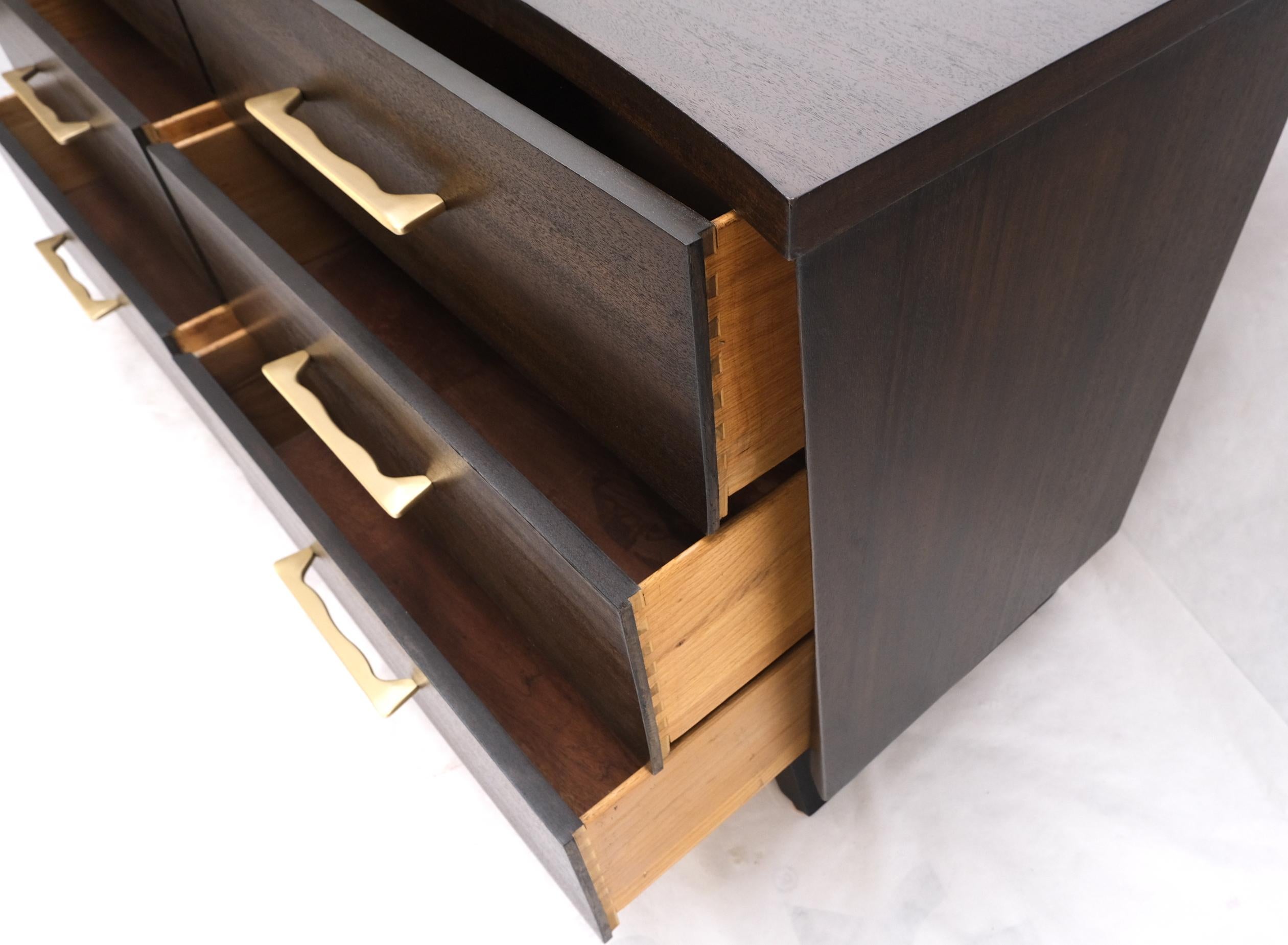 Brass Concave Front Sculptural Profile Large Pulls 6 Drawers Restored Espresso Dresser For Sale