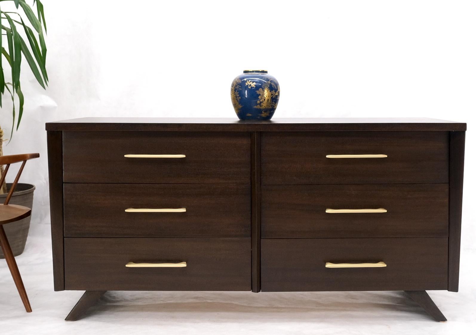 Mid-Century Modern Concave Front Sculptural Profile Large Pulls 6 Drawers Restored Espresso Dresser For Sale