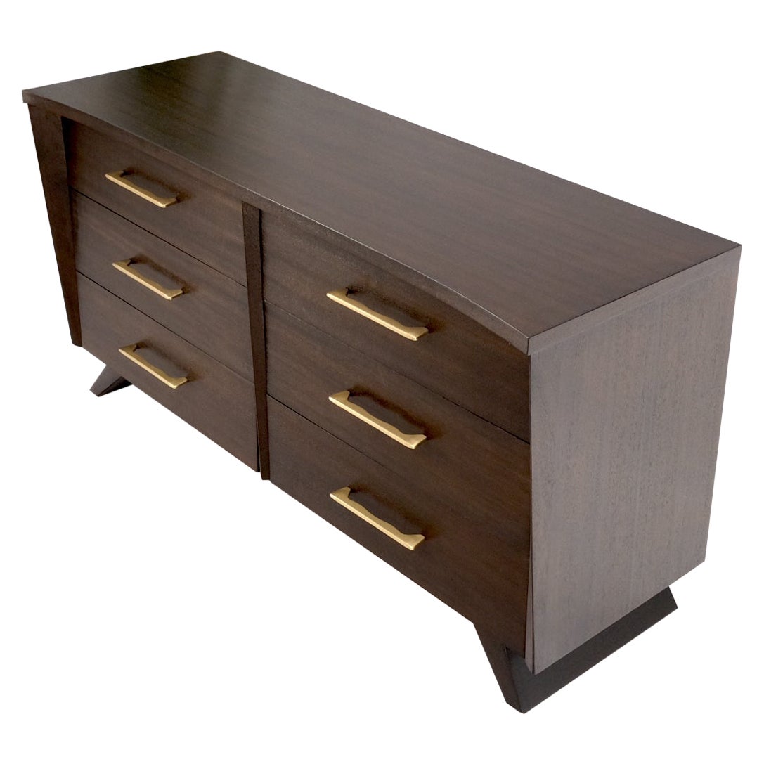 Commode Espresso à 6 tiroirs restaurée avec profil sculptural et façade concave, avec grandes poignées