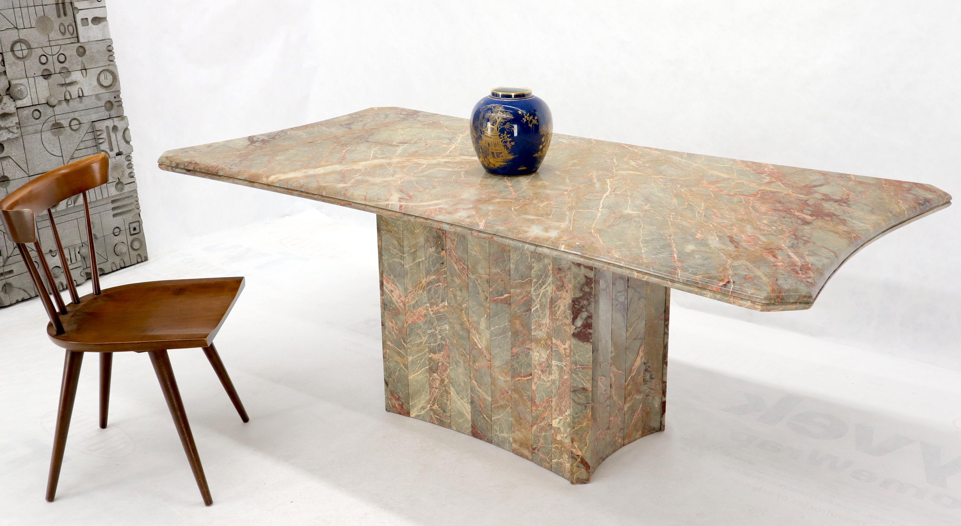 Large concave rectangle Mid-Century Modern marble dining conference table. Beautiful dramatic marble veins pattern.