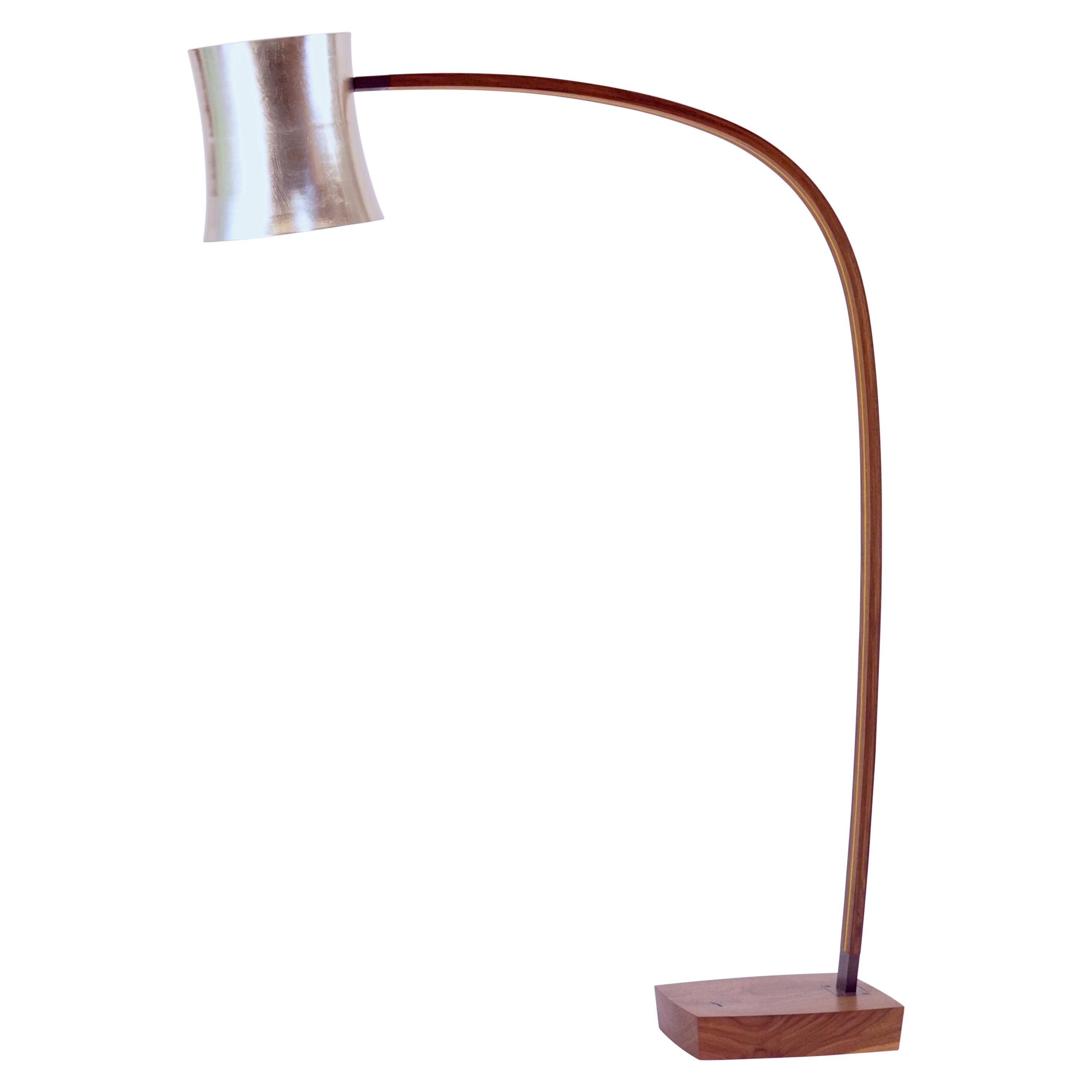 Concave, Aluminum Spun Shade Floor Lamp with Laminated Walnut Arm  For Sale